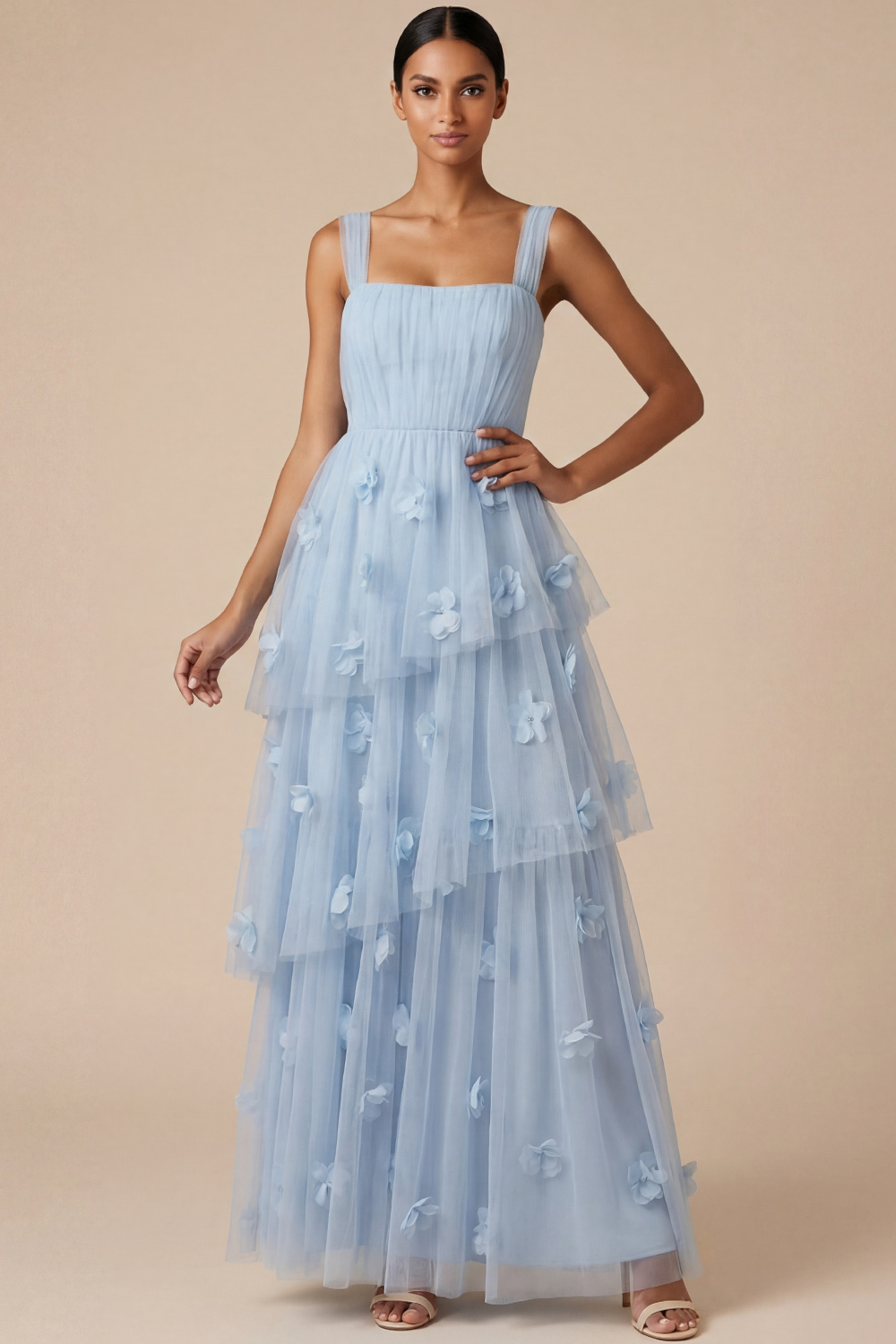 Light Blue ​Wedding Bridesmaid Dress Wide Straps Tulle Tiered Maxi Dress
