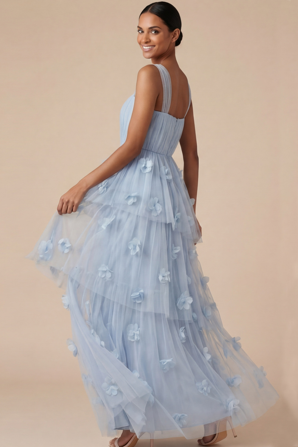 Light Blue ​Wedding Bridesmaid Dress Wide Straps Tulle Tiered Maxi Dress 