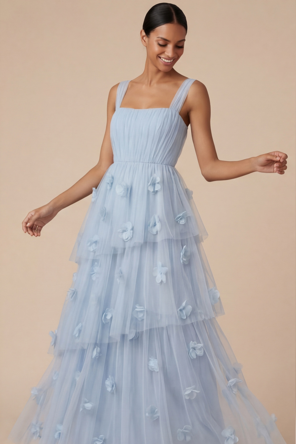 Light Blue ​Wedding Bridesmaid Dress Wide Straps Tulle Tiered Maxi Dress 