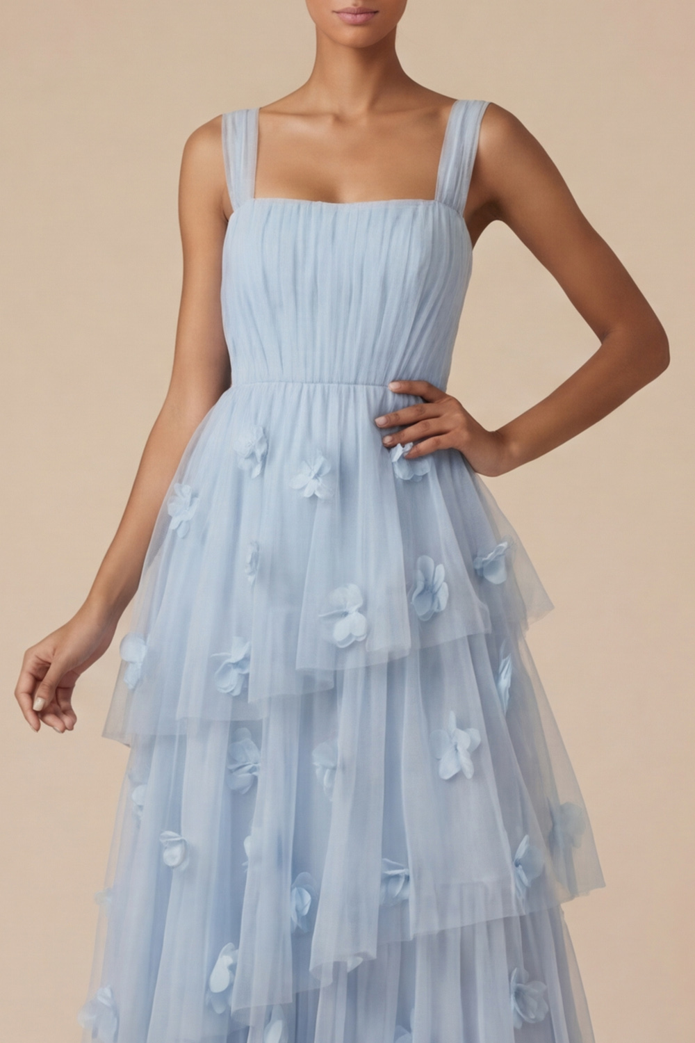 Light Blue ​Wedding Bridesmaid Dress Wide Straps Tulle Tiered Maxi Dress 