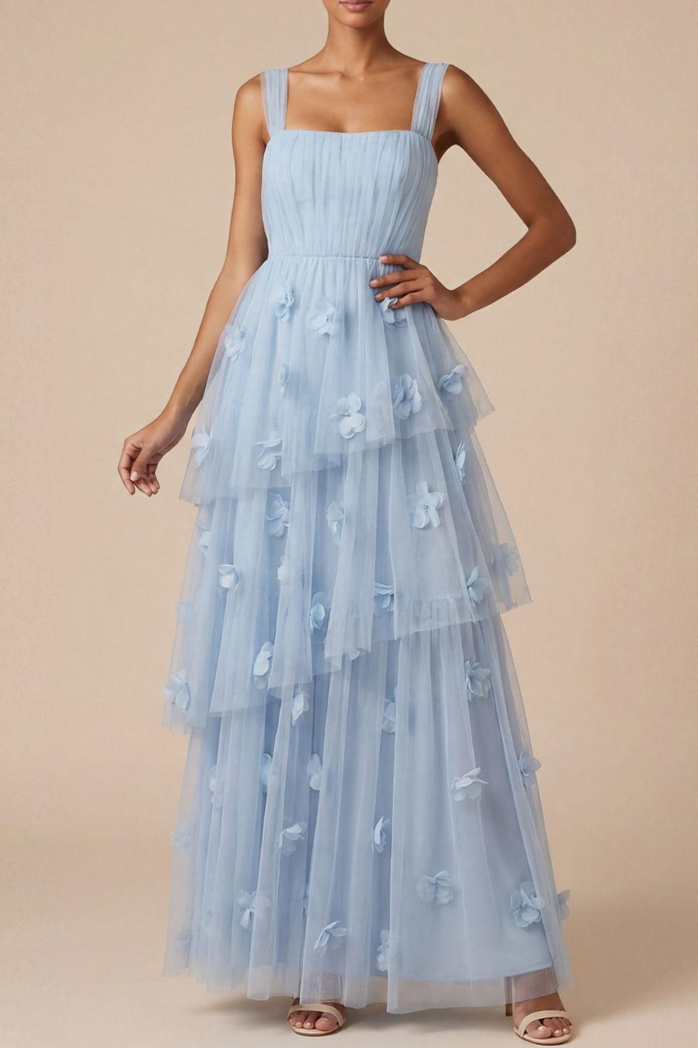 Light Blue ​Wedding Bridesmaid Dress Wide Straps Tulle Tiered Maxi Dress 