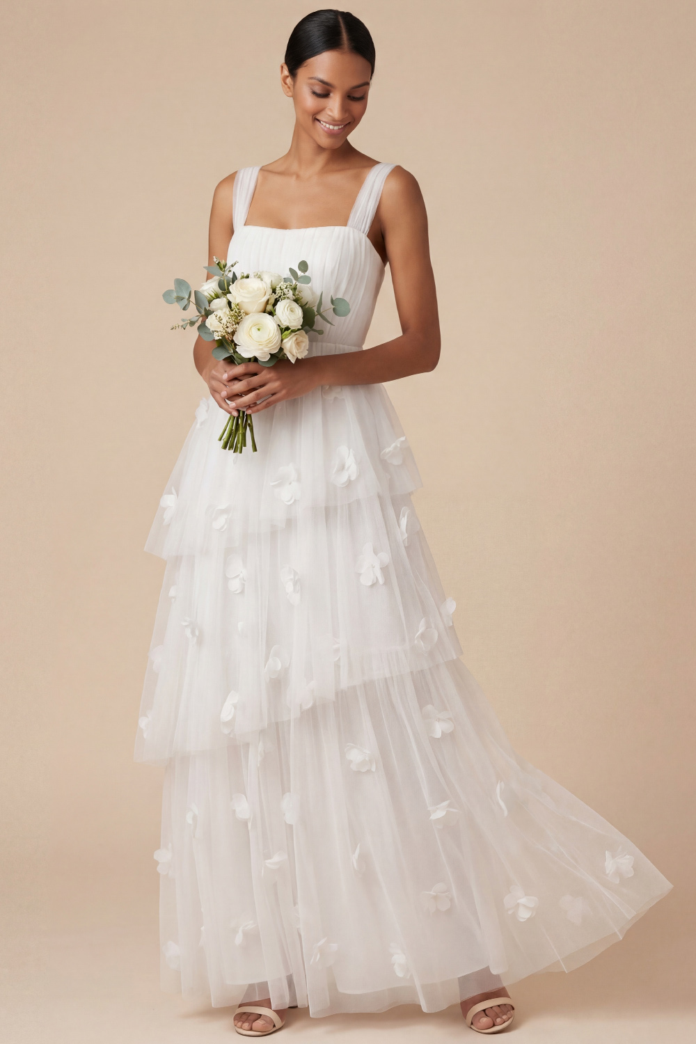 Light Blue ​Wedding Bridesmaid Dress Wide Straps Tulle Tiered Maxi Dress