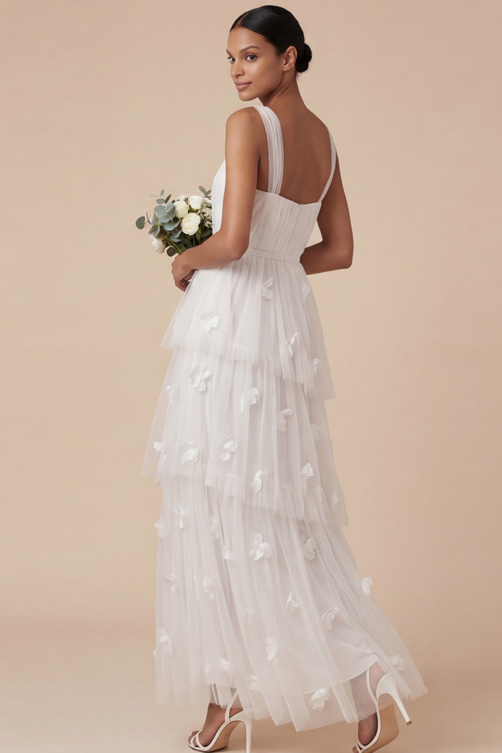Light Blue ​Wedding Bridesmaid Dress Wide Straps Tulle Tiered Maxi Dress 