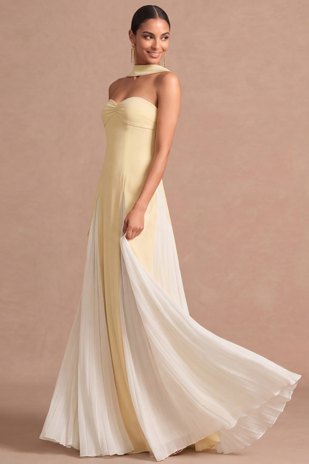 Light Yellow Formal Evening Dress A-Line Sweetheart Chiffon Maxi Dress 