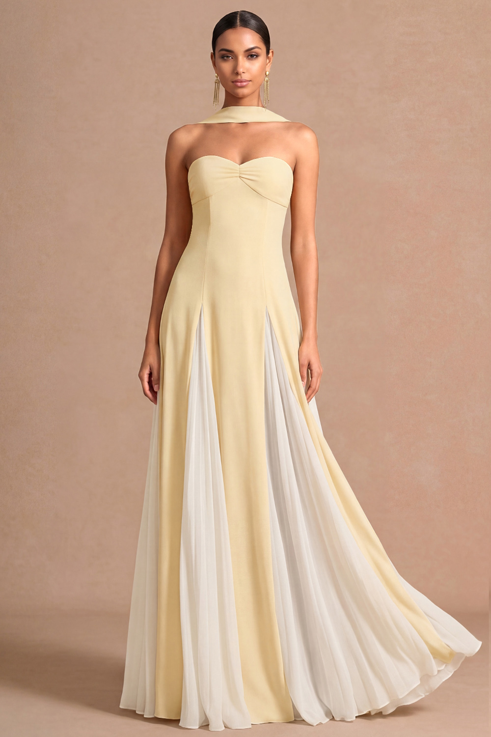 Light Yellow Formal Evening Dress A-Line Sweetheart Chiffon Maxi Dress 