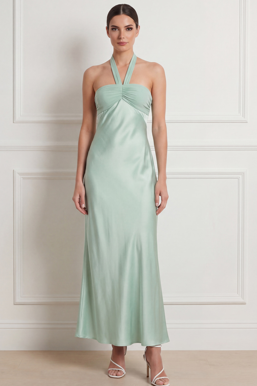 Mint Green Formal Evening Dress Satin Sheath Halter Maxi Dress