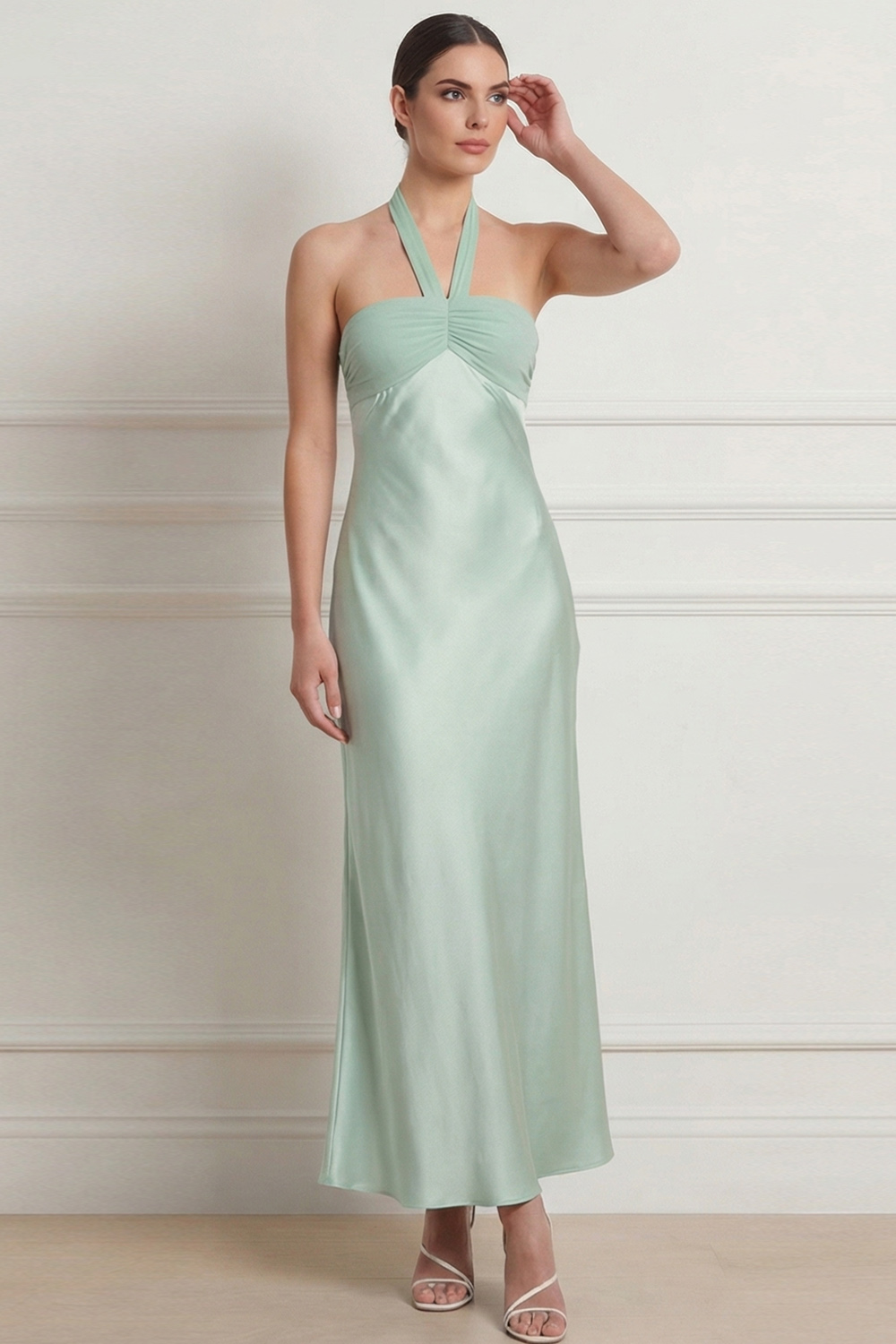 Mint Green Formal Evening Dress Satin Sheath Halter Maxi Dress