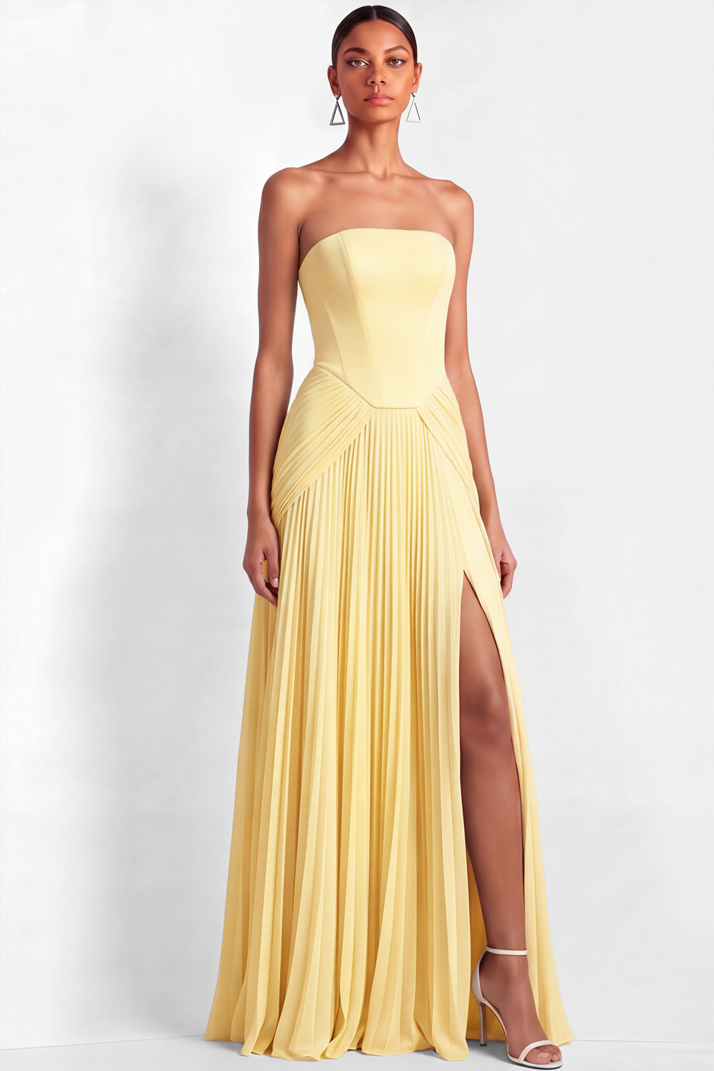Light Blue Formal Dress Strapless A-Line Pleated Maxi Dress with Slit