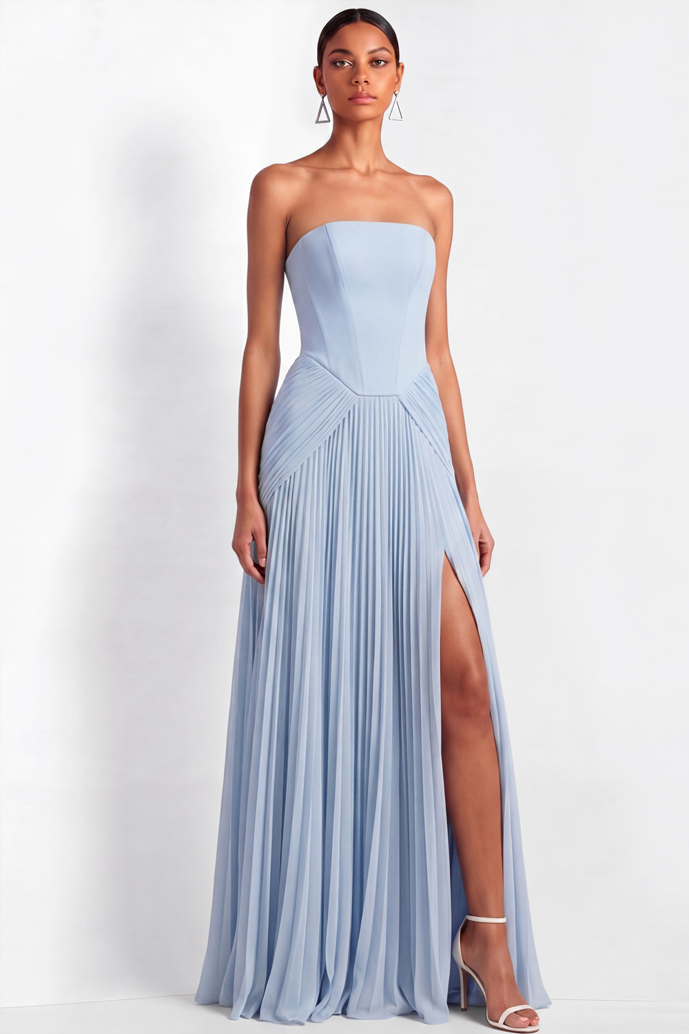 Light Blue Formal Dress Strapless A-Line Pleated Maxi Dress with Slit