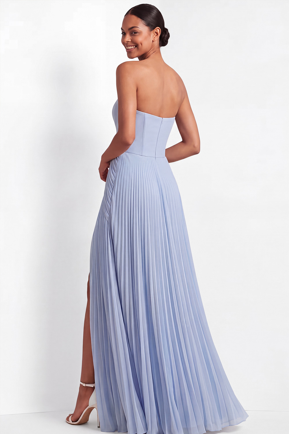 Light Blue Formal Dress Strapless A-Line Pleated Maxi Dress with Slit