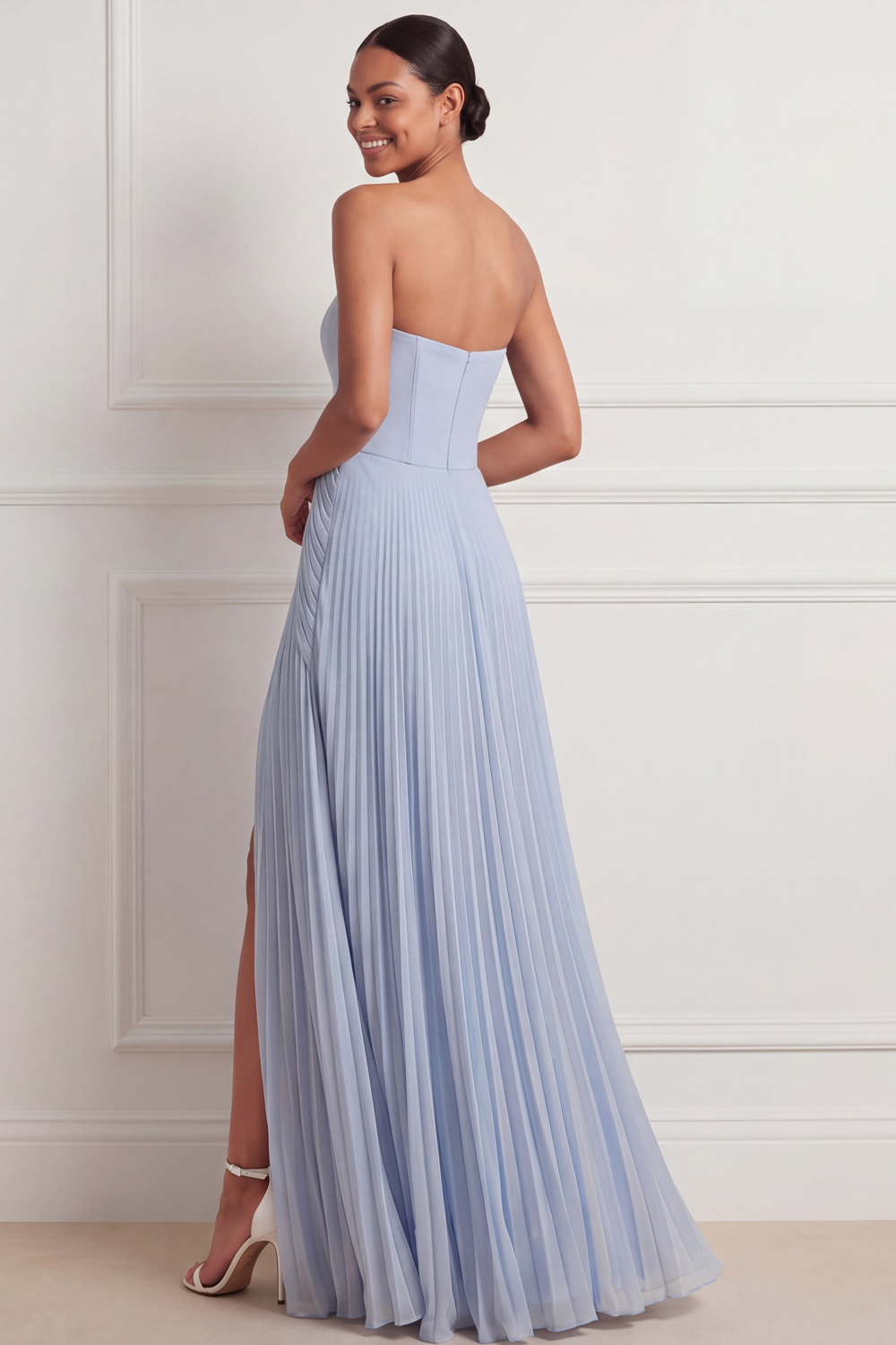 Light Blue Formal Dress Strapless A-Line Pleated Maxi Dress with Slit