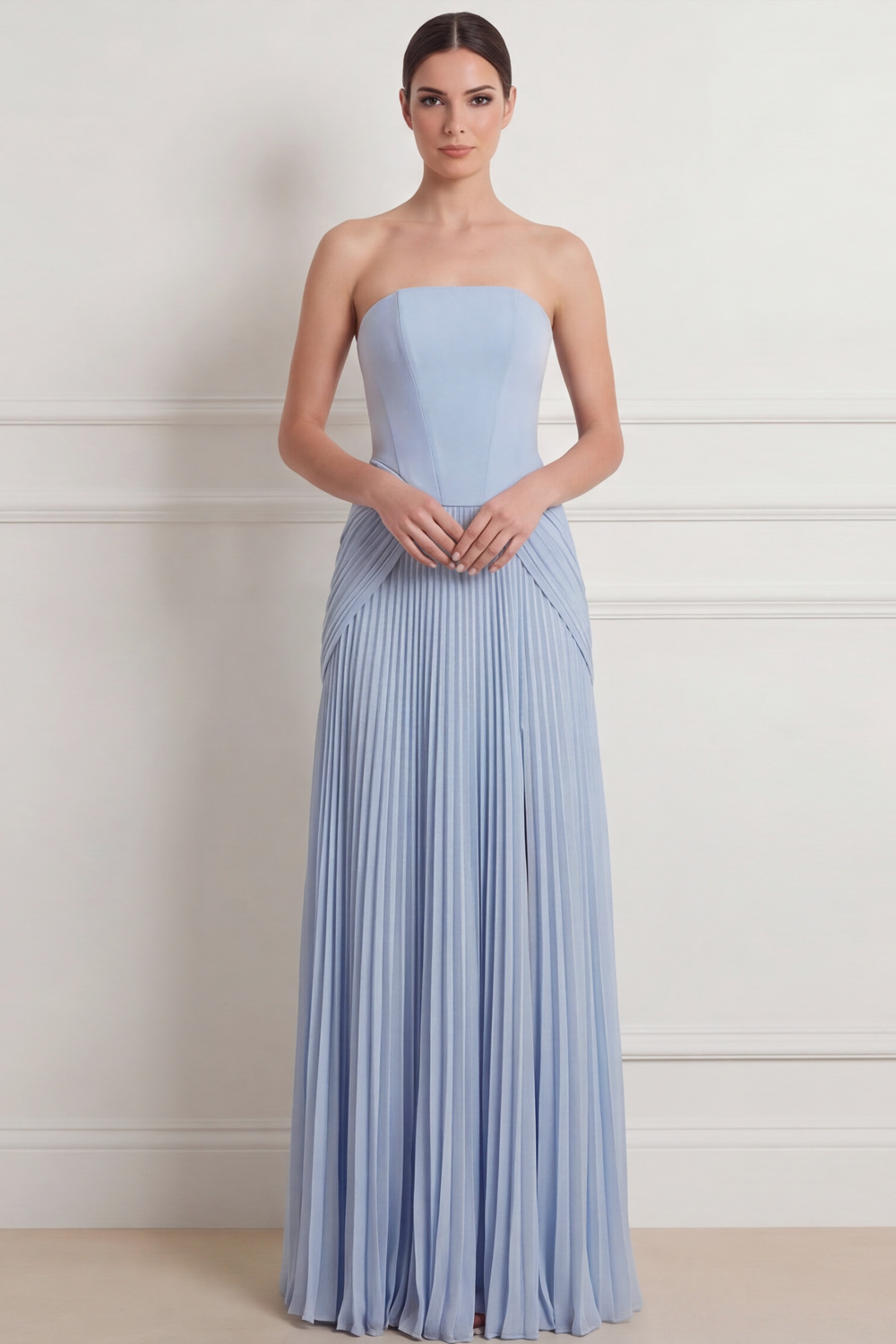 Light Blue Formal Dress Strapless A-Line Pleated Maxi Dress with Slit