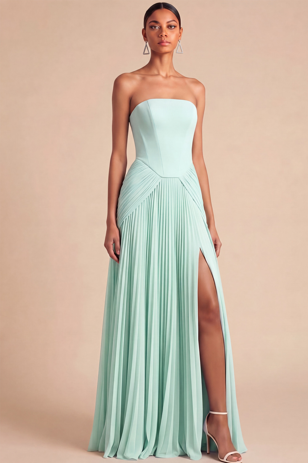 Light Blue Formal Dress Strapless A-Line Pleated Maxi Dress with Slit