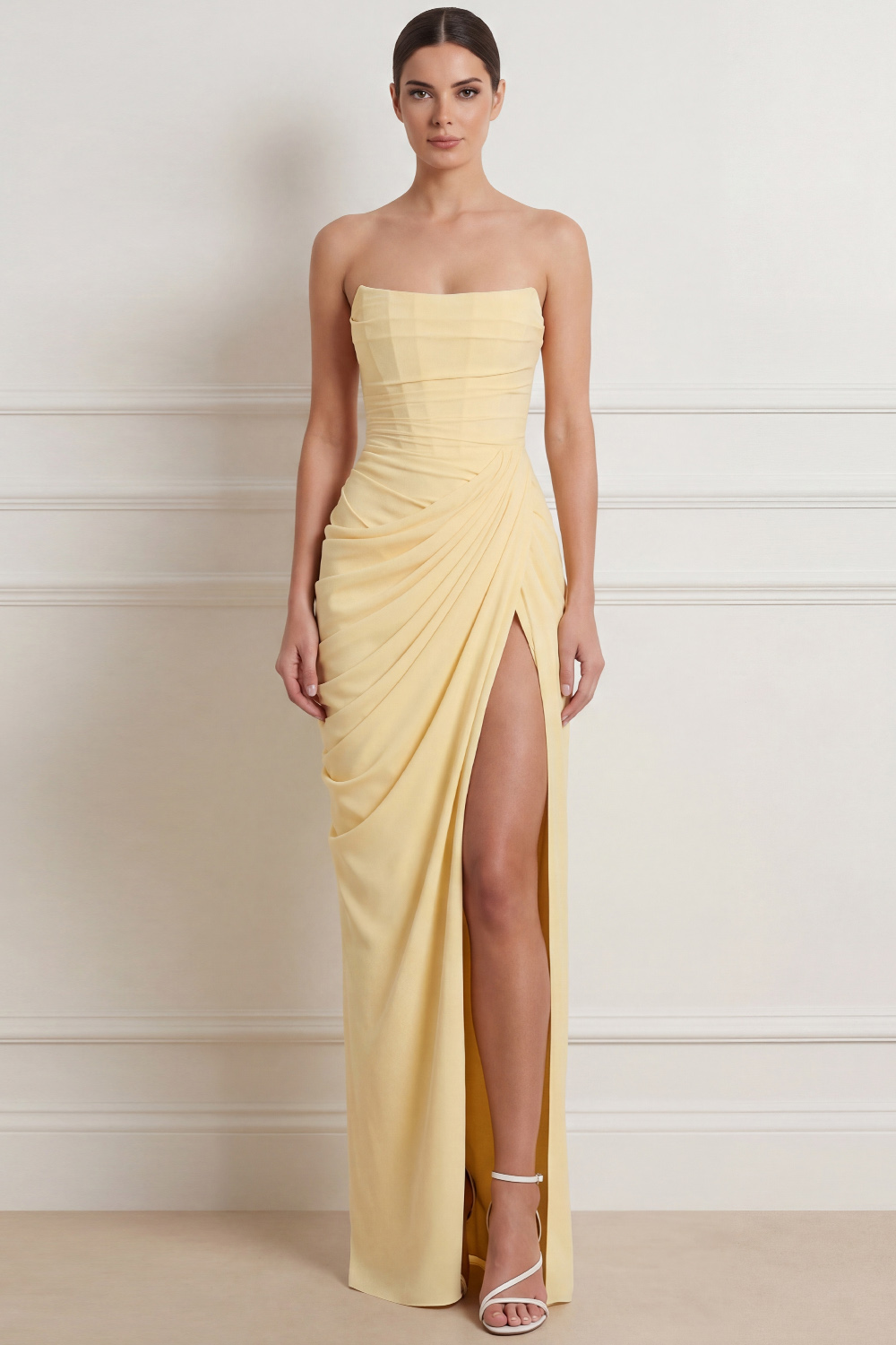 Light Yellow Formal Evening Dress Lace Up Maxi Dress with Slit