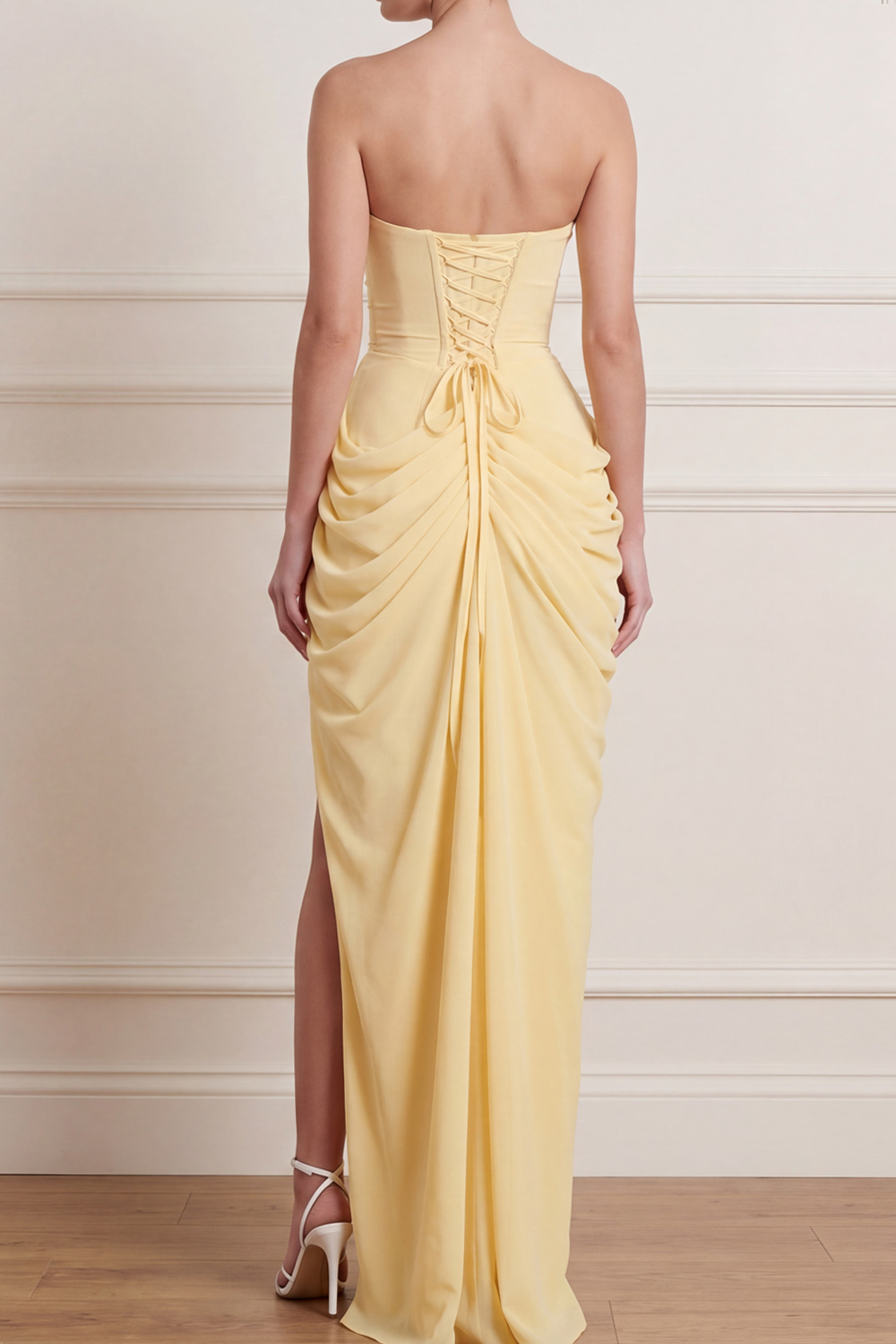 Light Yellow Formal Evening Dress Lace Up Maxi Dress with Slit