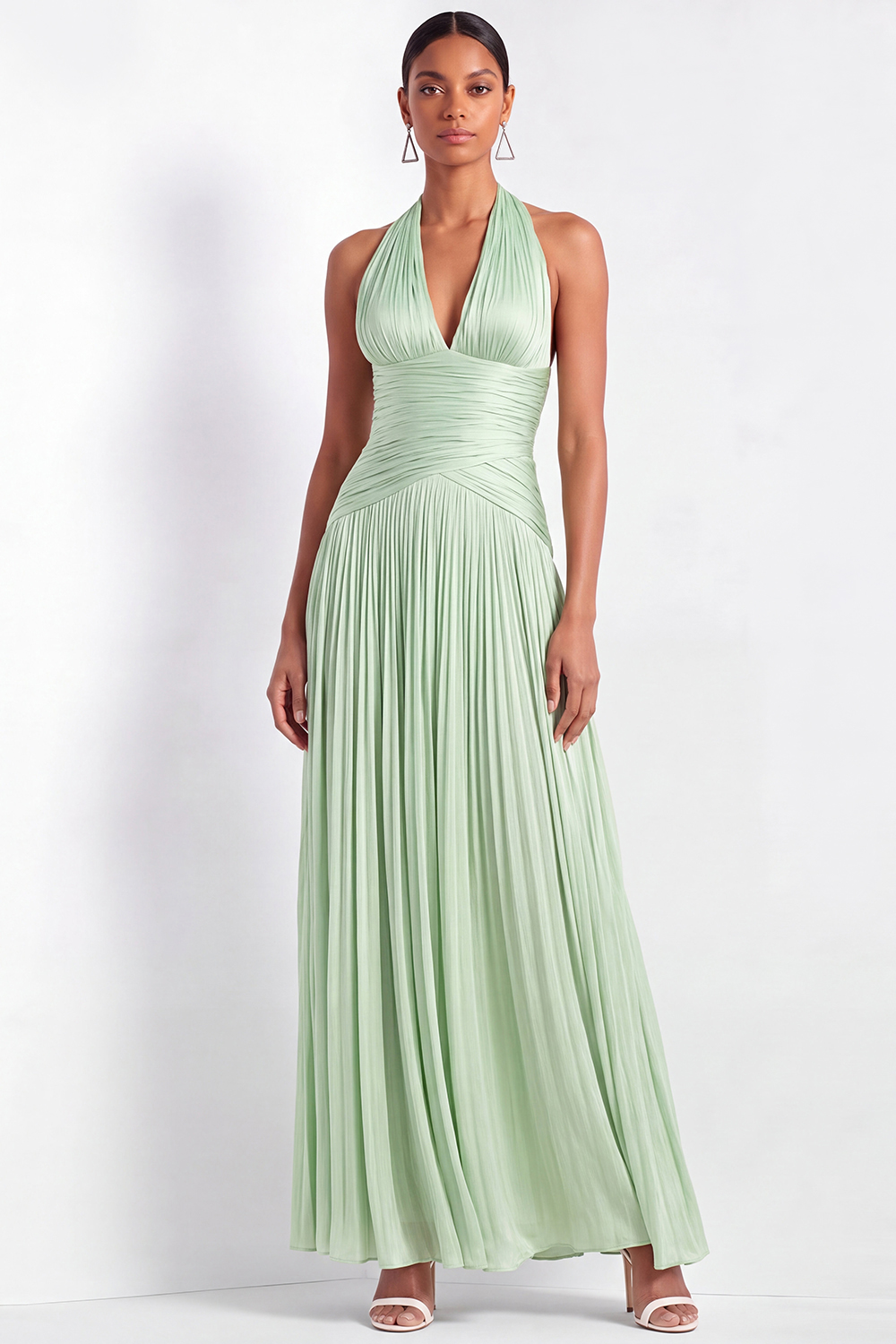 Light Green Formal Dress Halter Pleated A-Line Maxi Dress