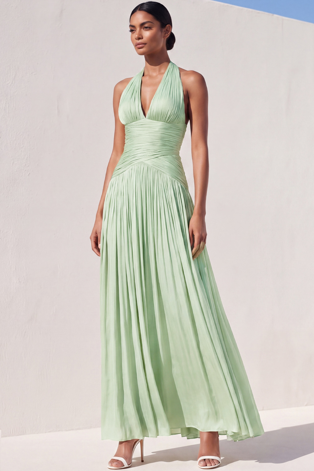 Light Green Formal Dress Halter Pleated A-Line Maxi Dress