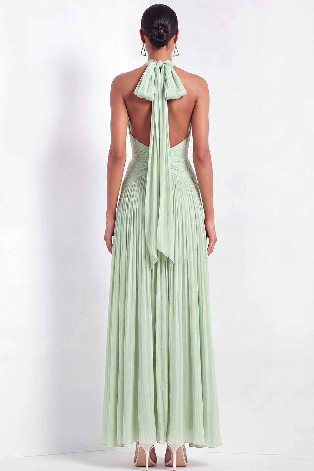 Light Green Formal Dress Halter Pleated A-Line Maxi Dress