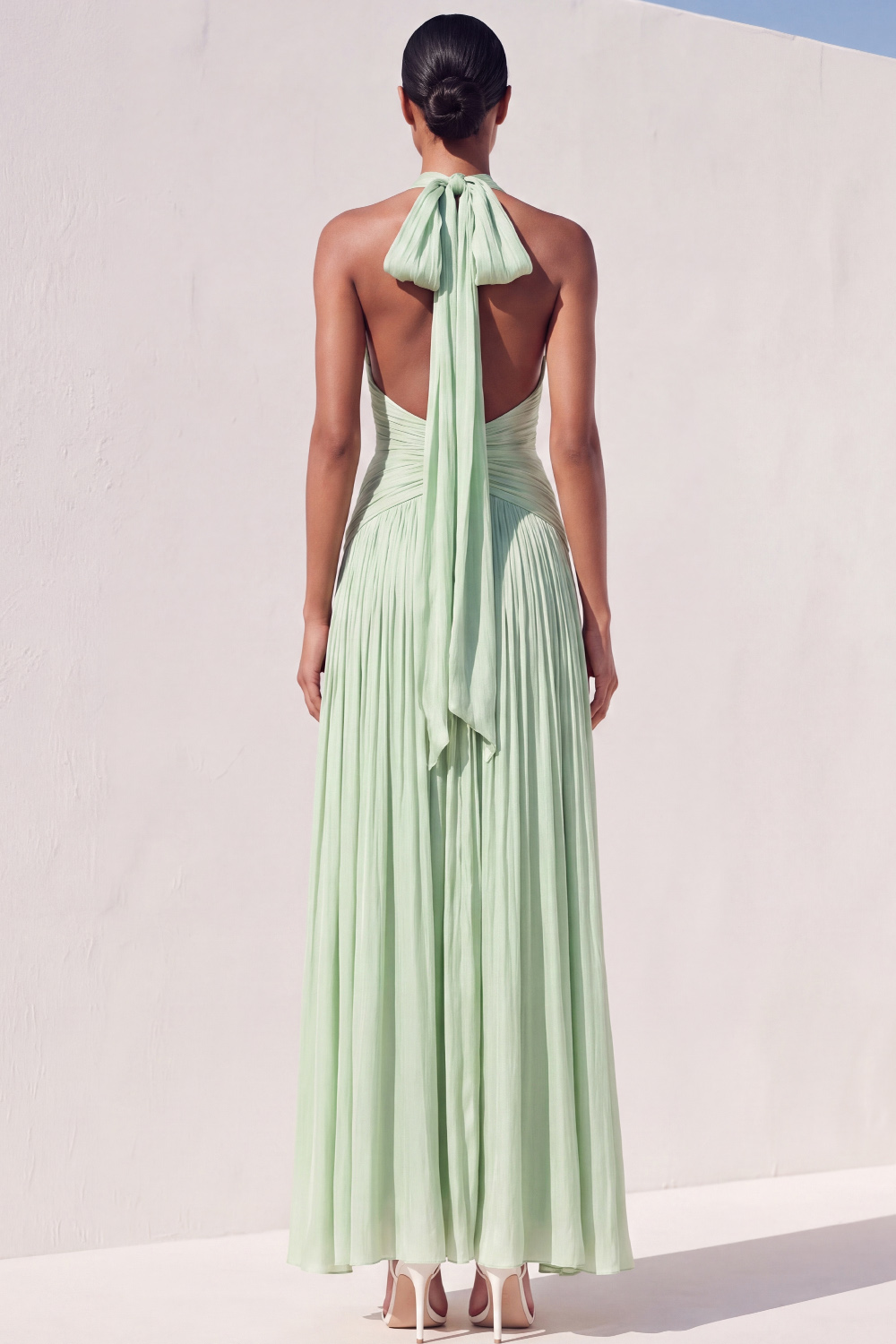 Light Green Formal Dress Halter Pleated A-Line Maxi Dress