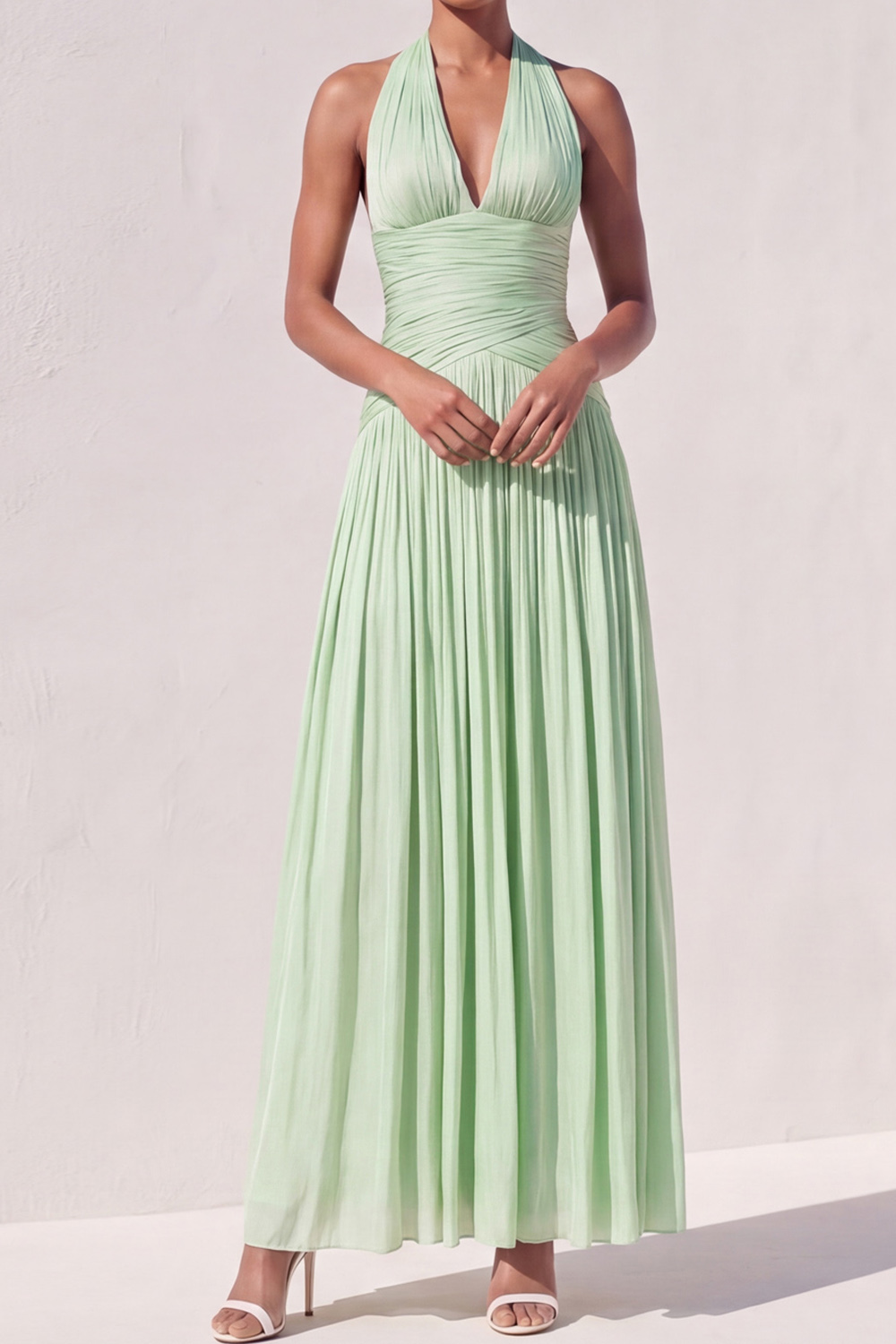 Light Green Formal Dress Halter Pleated A-Line Maxi Dress