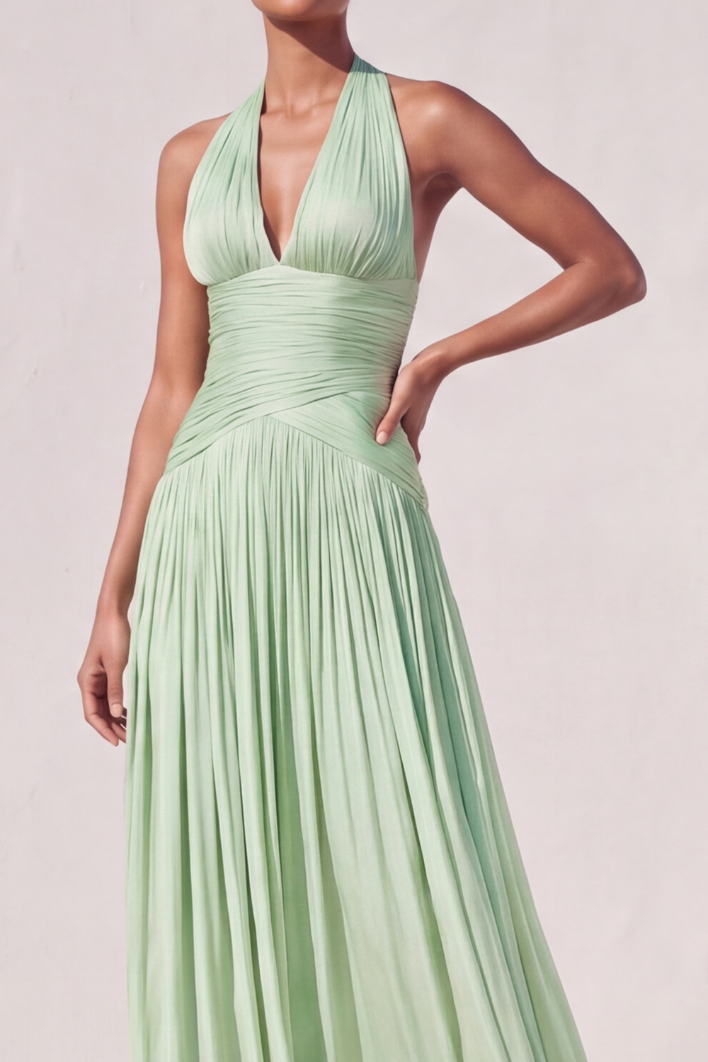 Light Green Formal Dress Halter Pleated A-Line Maxi Dress