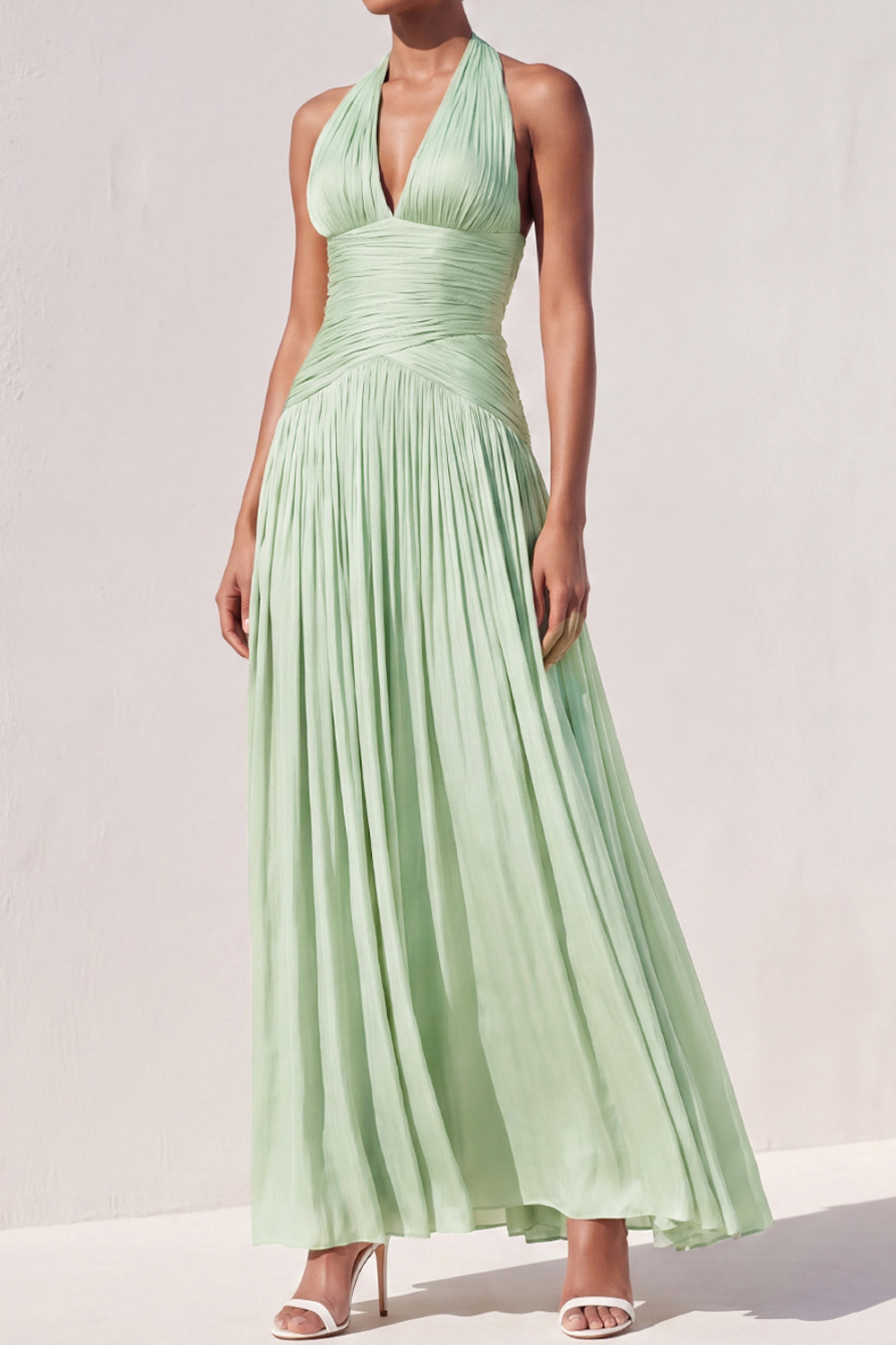 Light Green Formal Dress Halter Pleated A-Line Maxi Dress