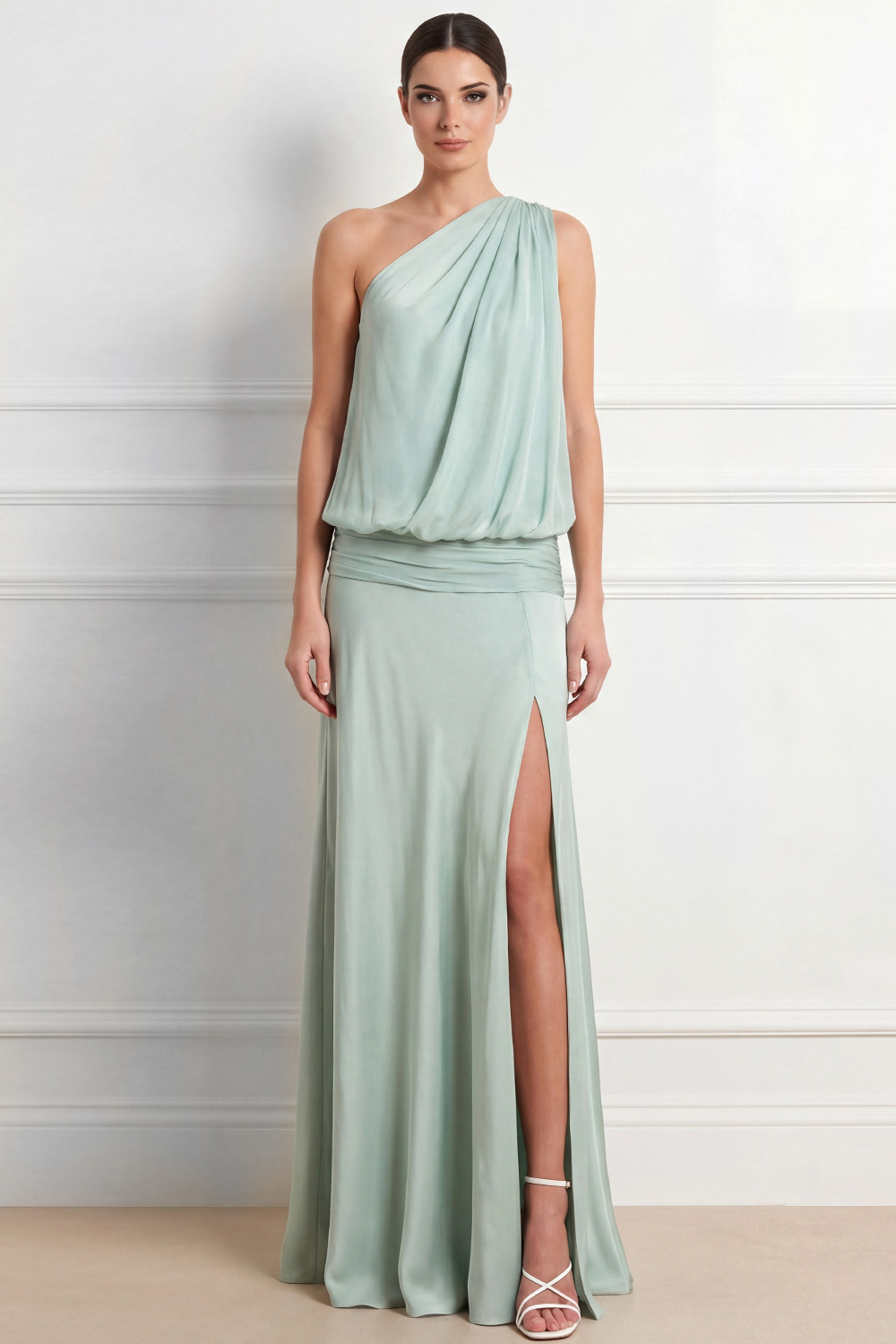 Lake Blue Formal Dress Ruched One Shoulder Chiffon Maxi Dress with Slit
