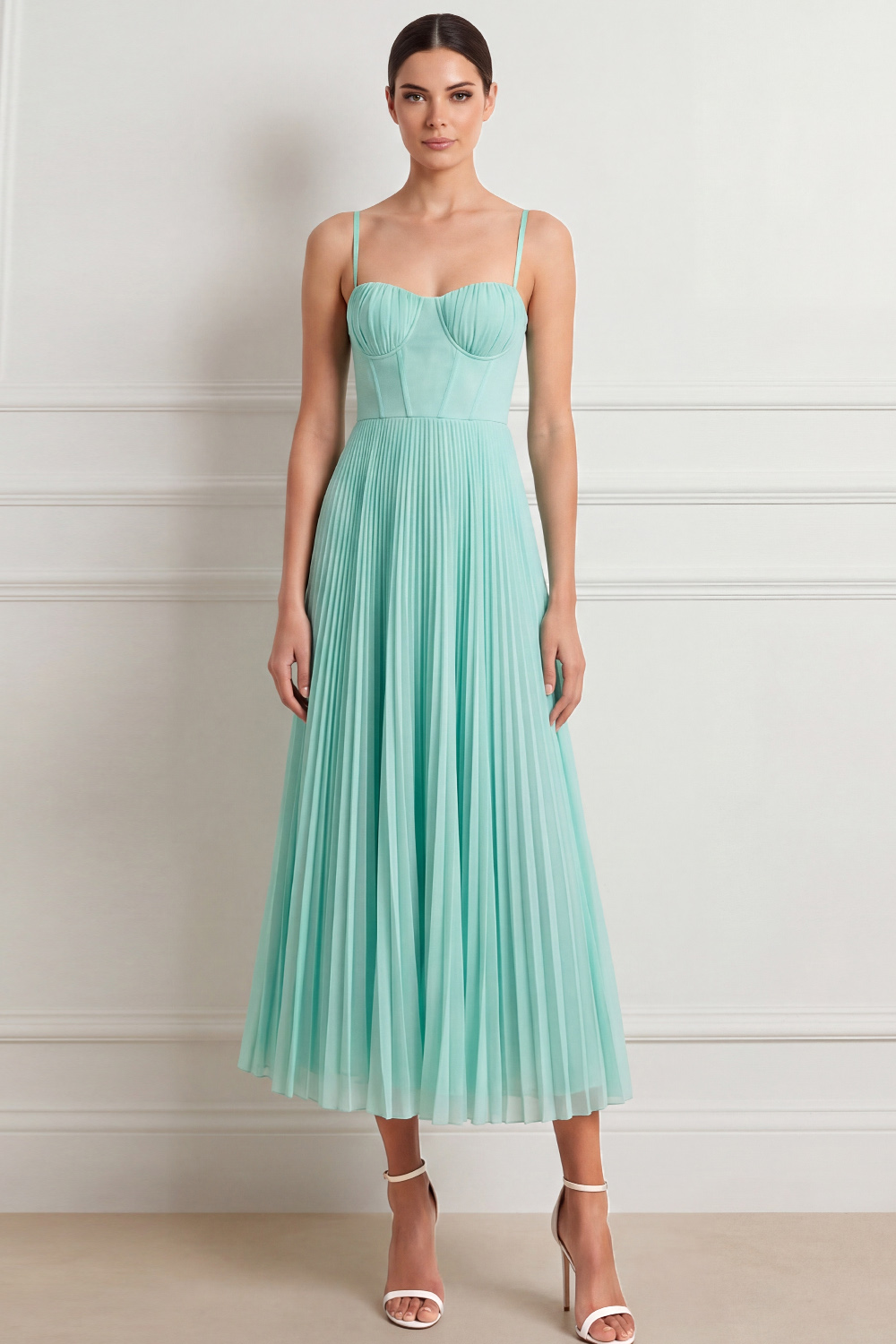 Mint Green Spaghetti Straps Formal Dress Corset Pleated Chiffon Midi Dress