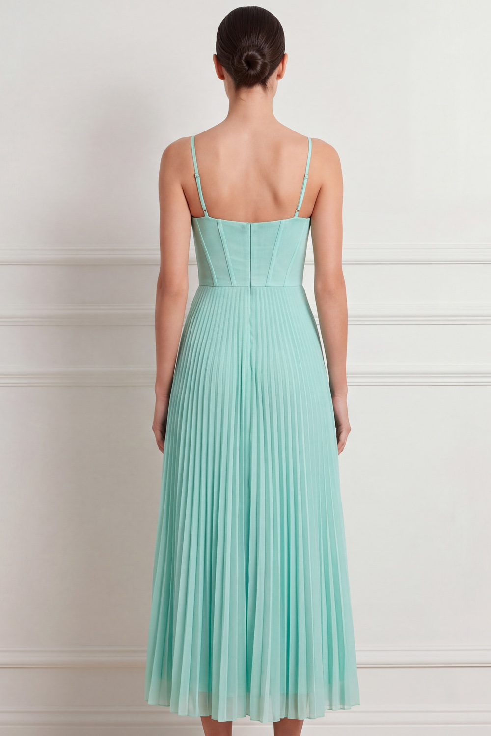 Mint Green Spaghetti Straps Formal Dress Corset Pleated Chiffon Midi Dress 