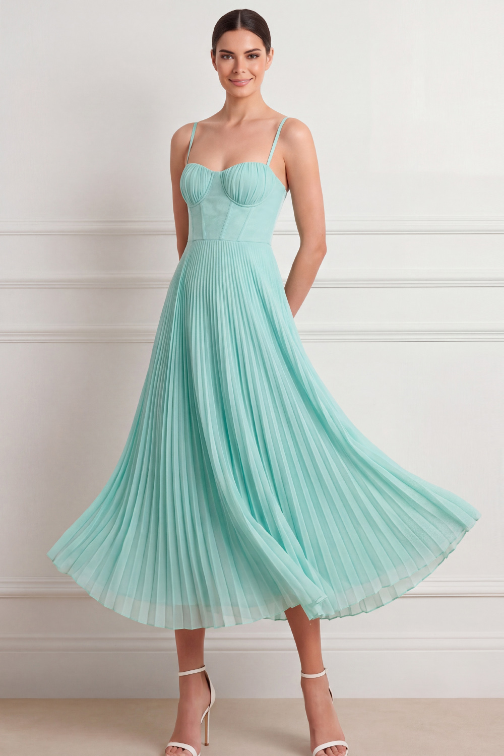 Mint Green Spaghetti Straps Formal Dress Corset Pleated Chiffon Midi Dress 