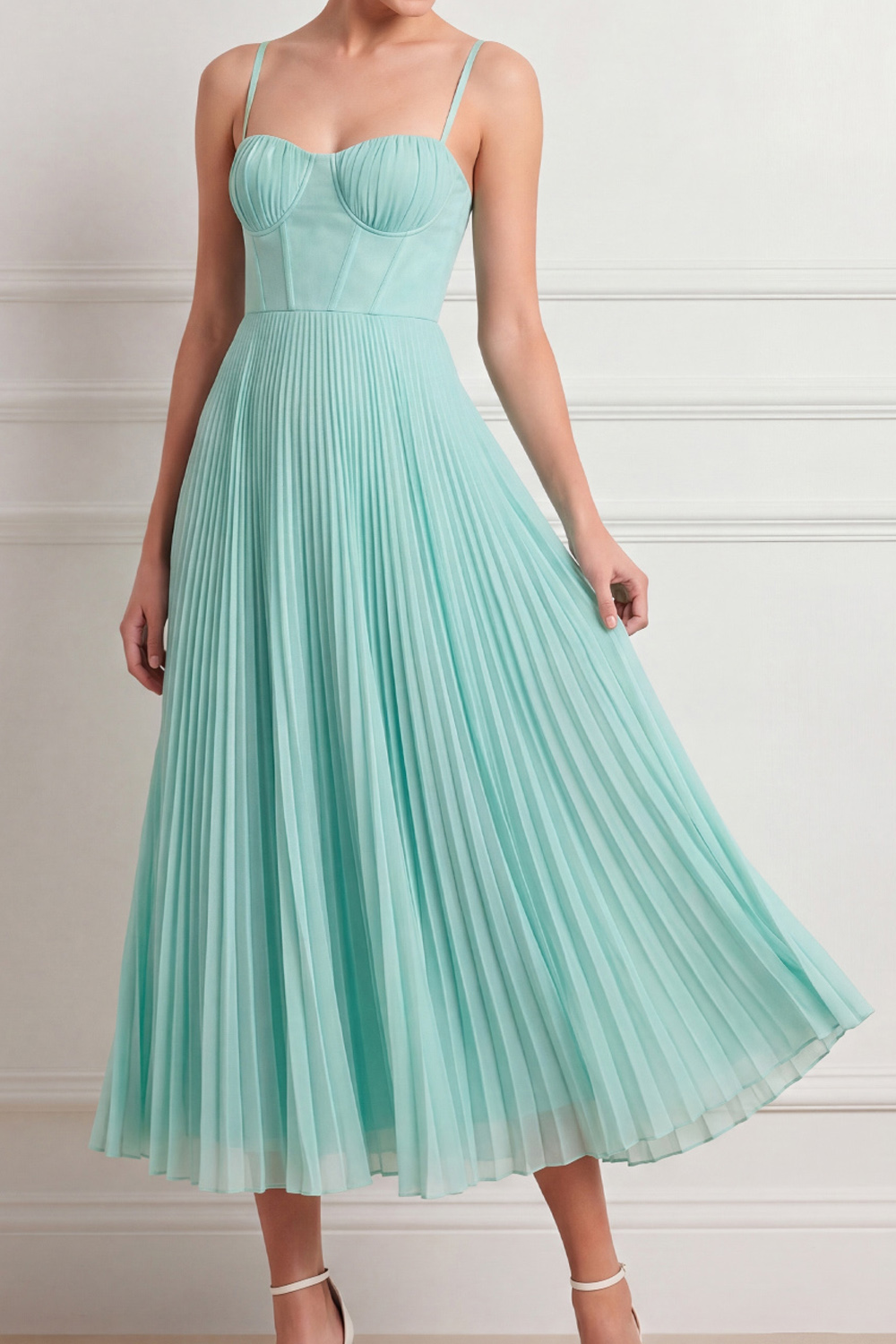 Mint Green Spaghetti Straps Formal Dress Corset Pleated Chiffon Midi Dress 