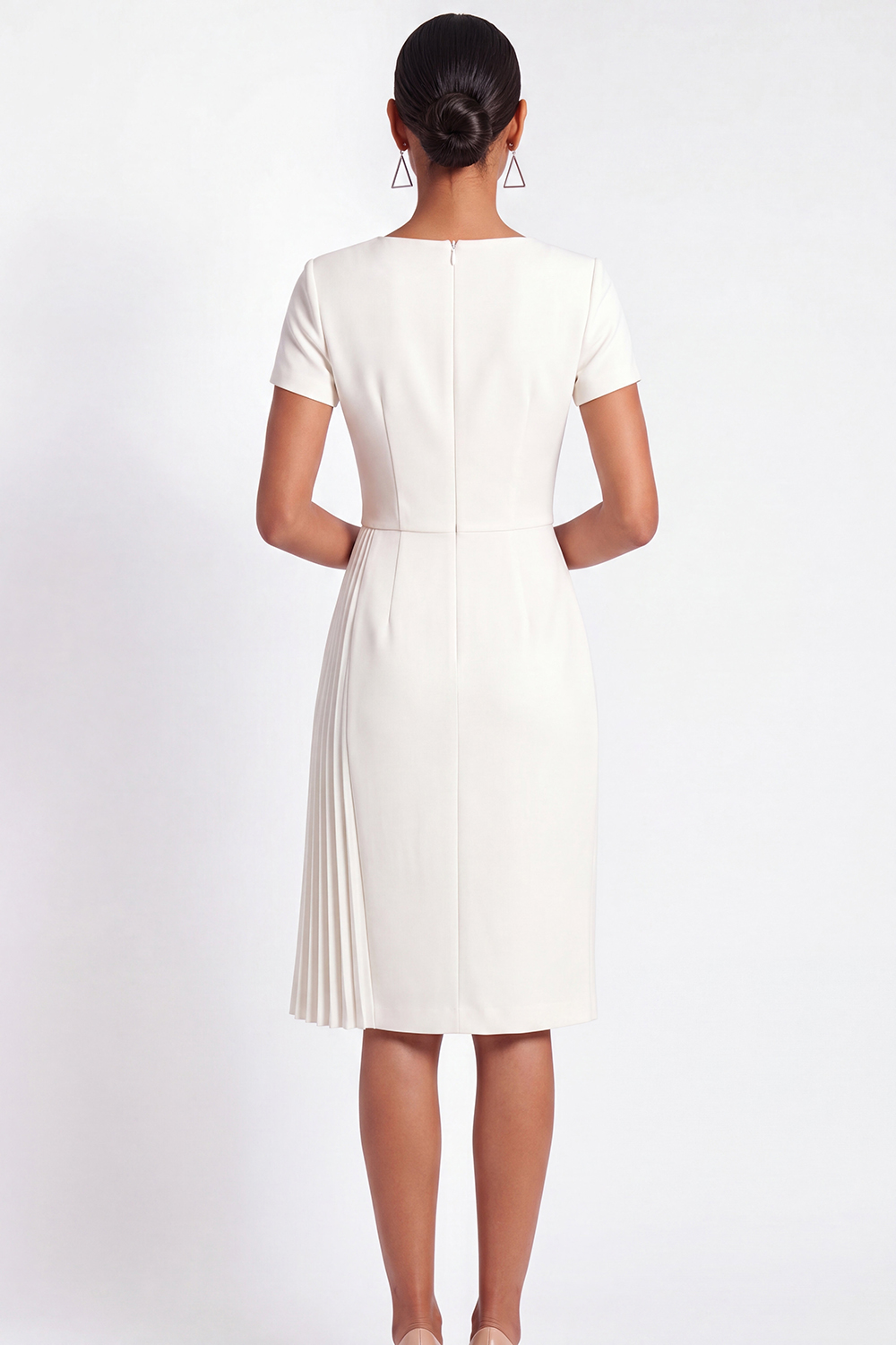 White Formal Work Dress Square Neck Short Sleeve Pleated Midi Dress 