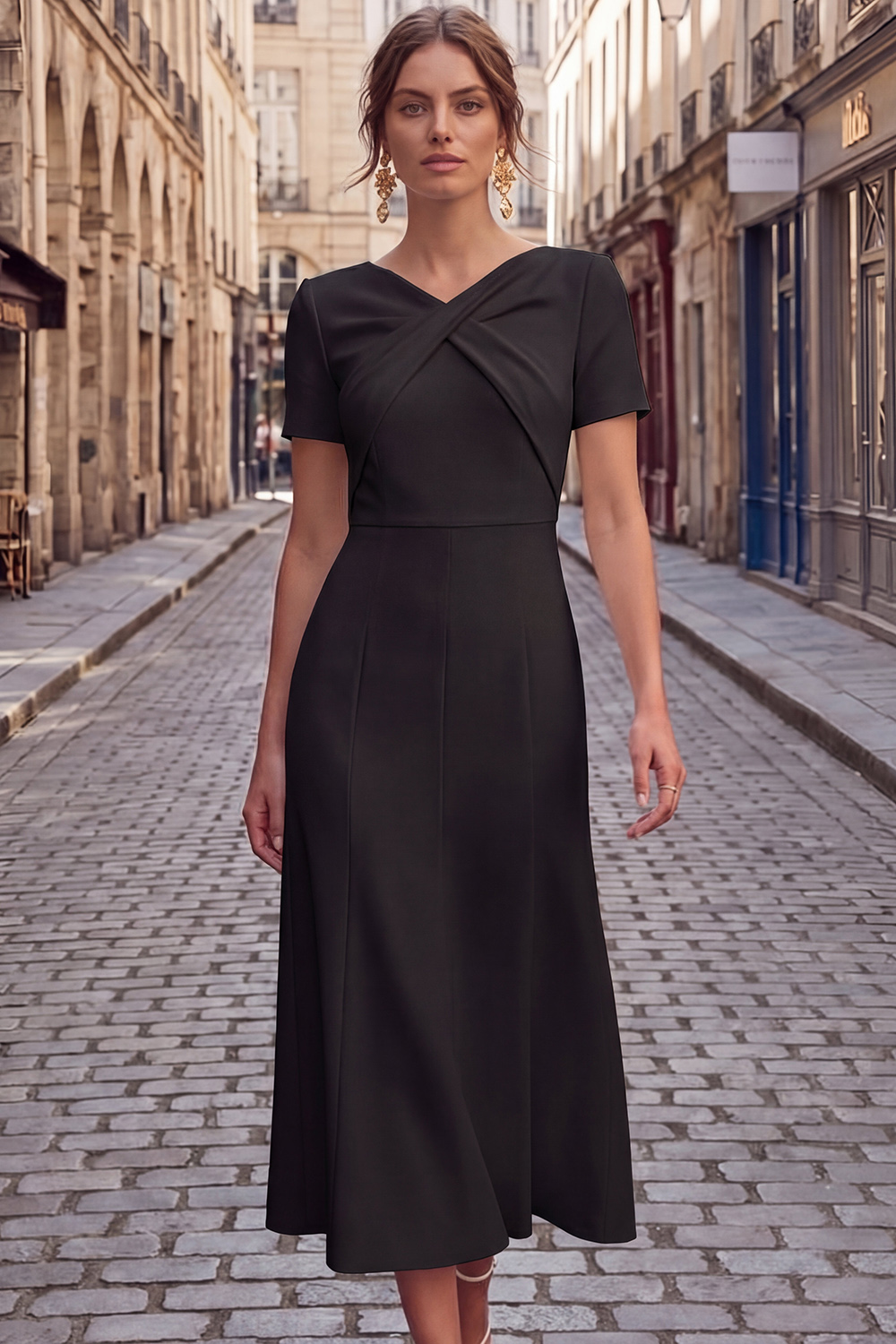 White Formal Work Dress A-Line V-Neck Short Sleeve Midi Dress