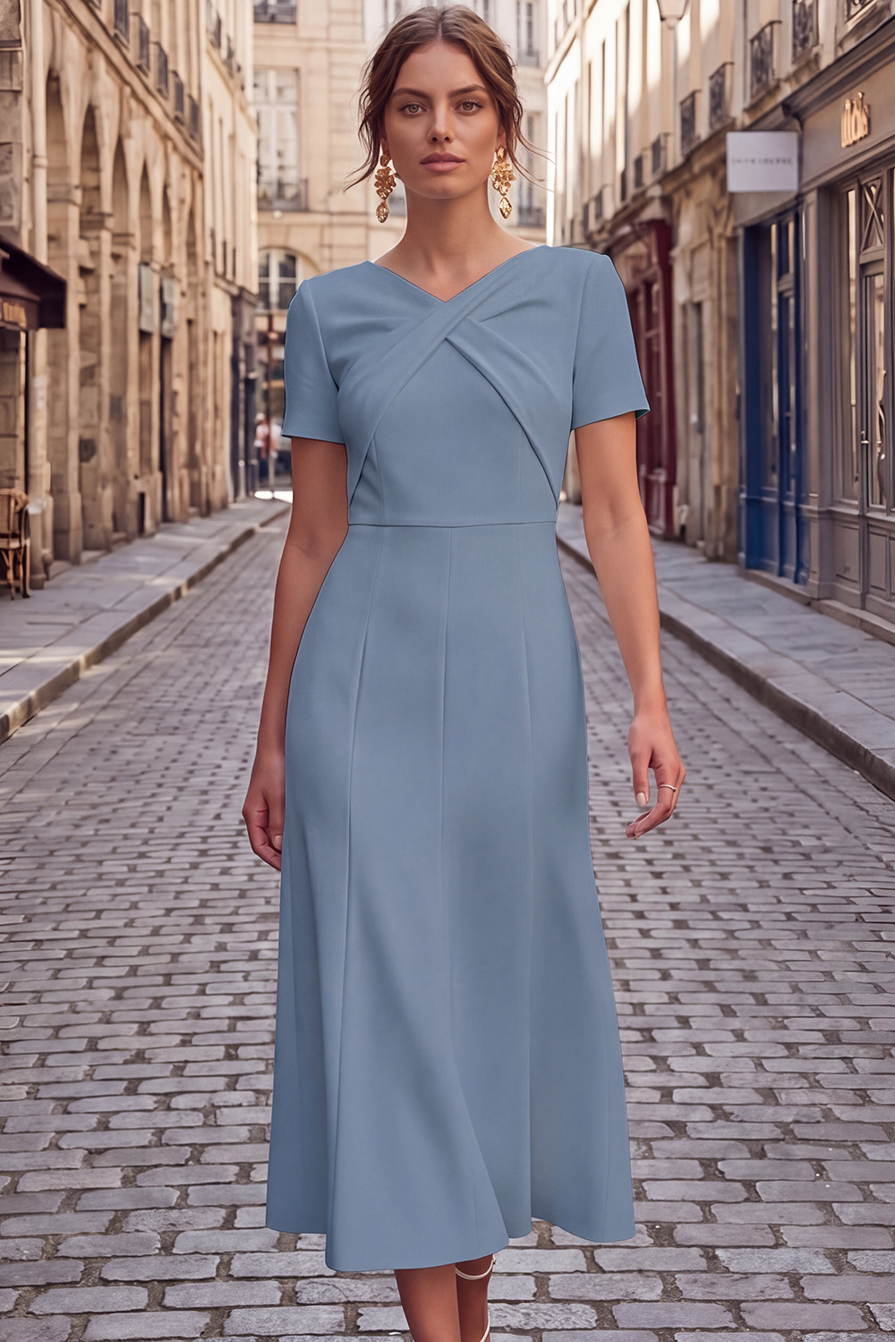 White Formal Work Dress A-Line V-Neck Short Sleeve Midi Dress