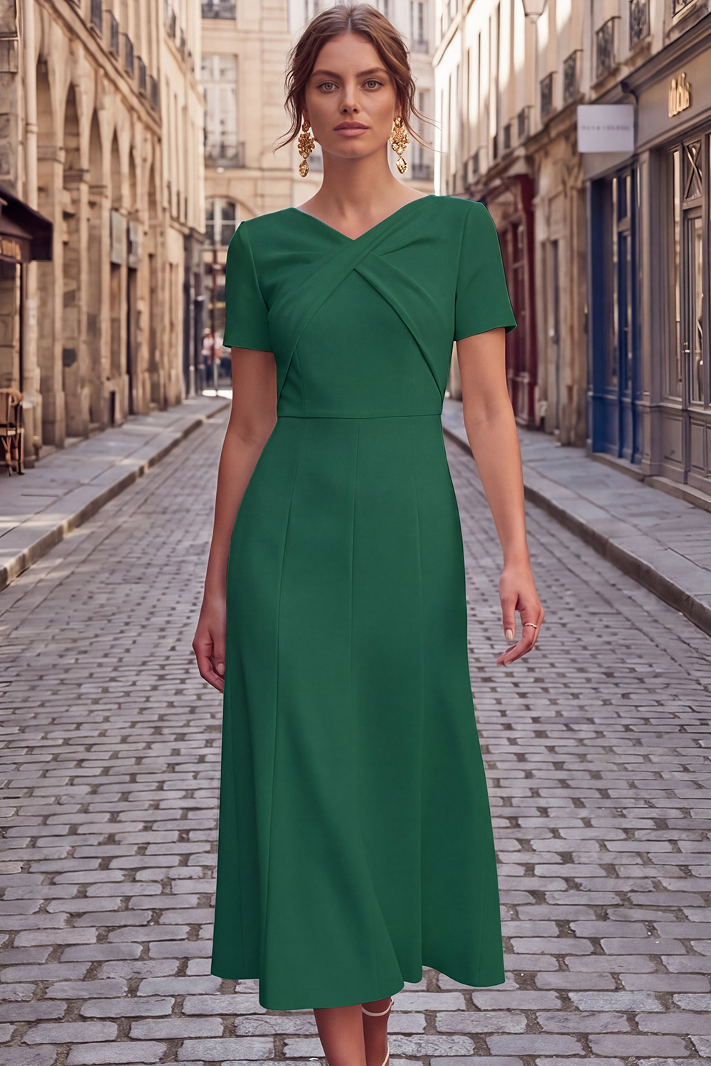 White Formal Work Dress A-Line V-Neck Short Sleeve Midi Dress