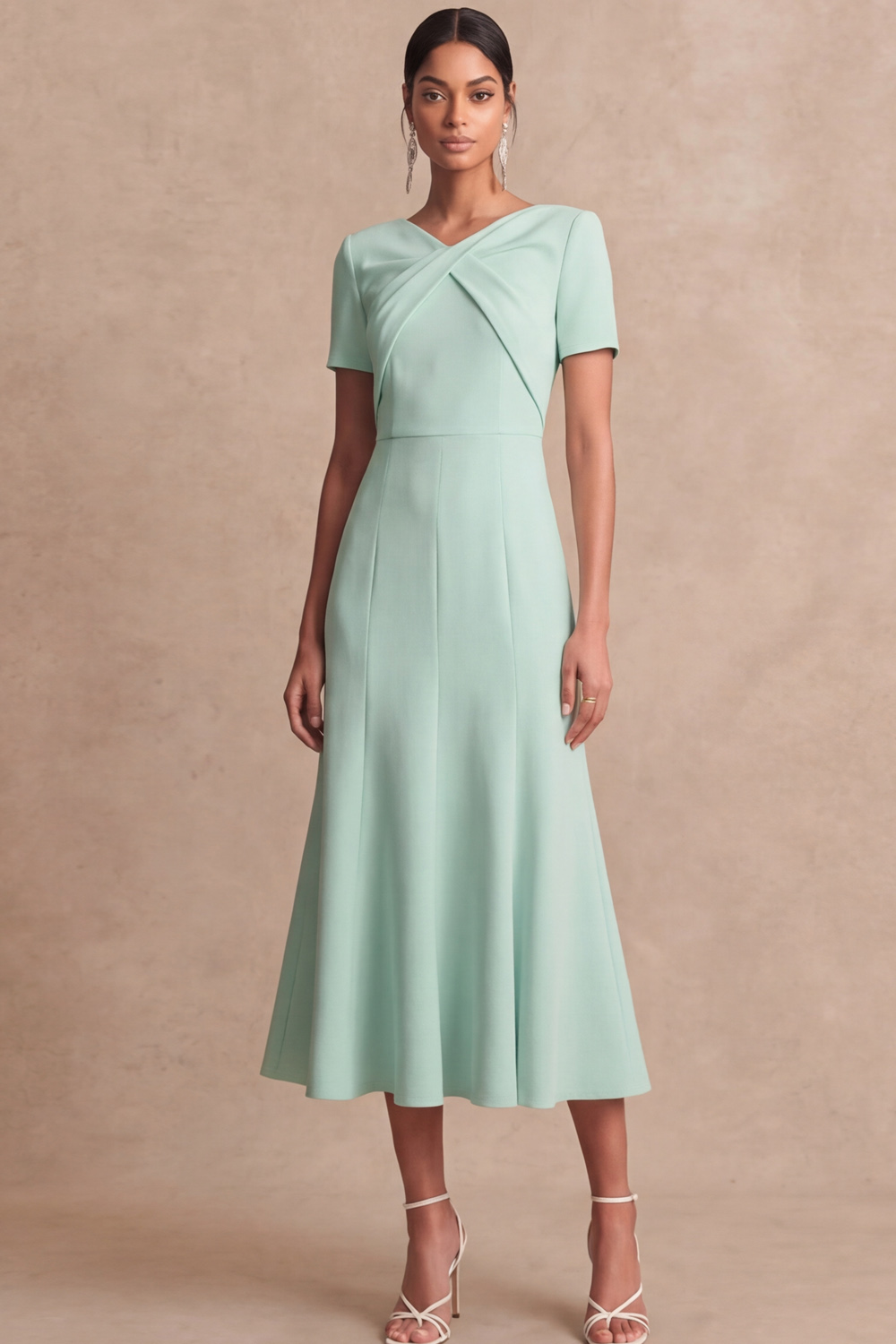 White Formal Work Dress Square Neck Short Sleeve Pleated Midi Dress