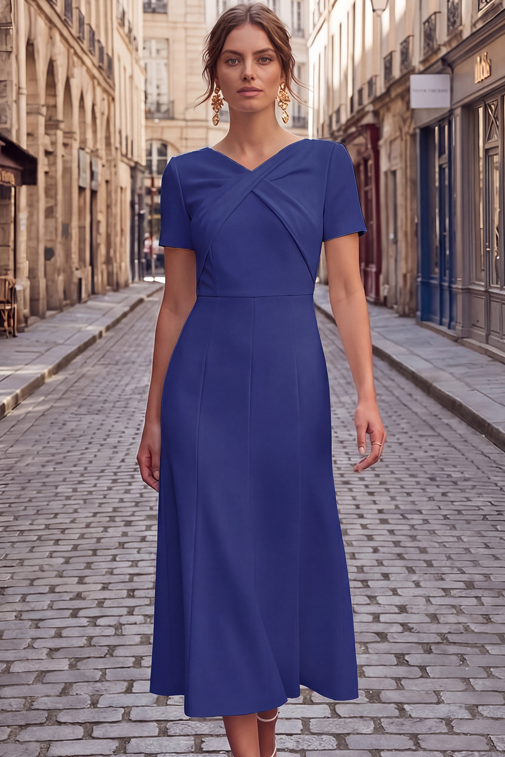 White Formal Work Dress A-Line V-Neck Short Sleeve Midi Dress