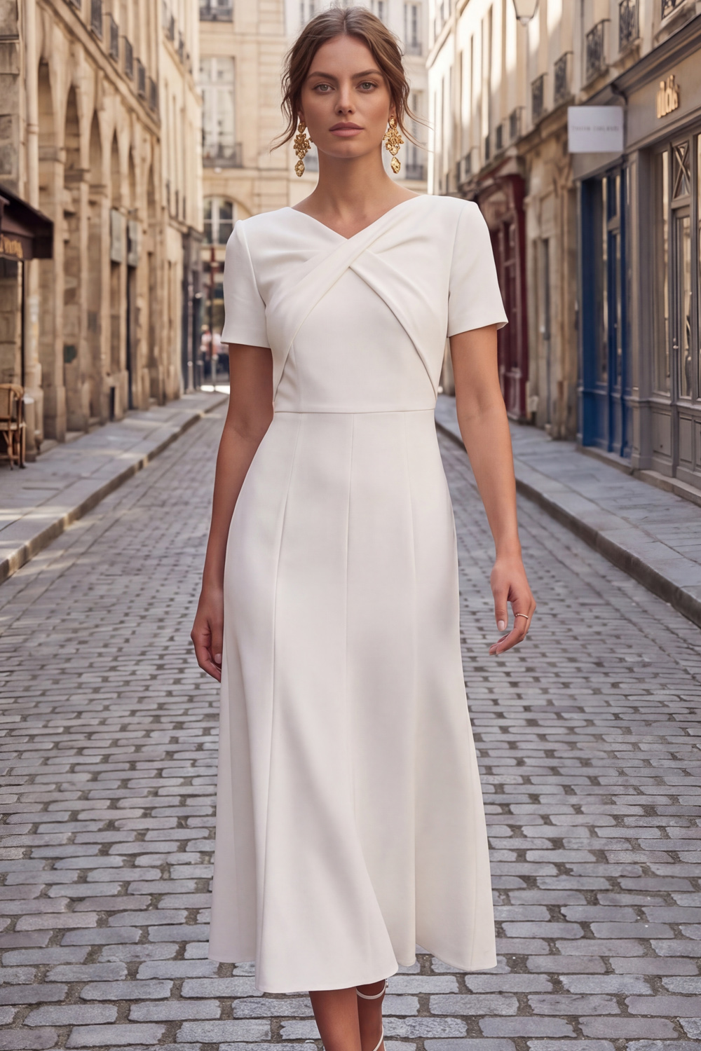 White Formal Work Dress A-Line V-Neck Short Sleeve Midi Dress 