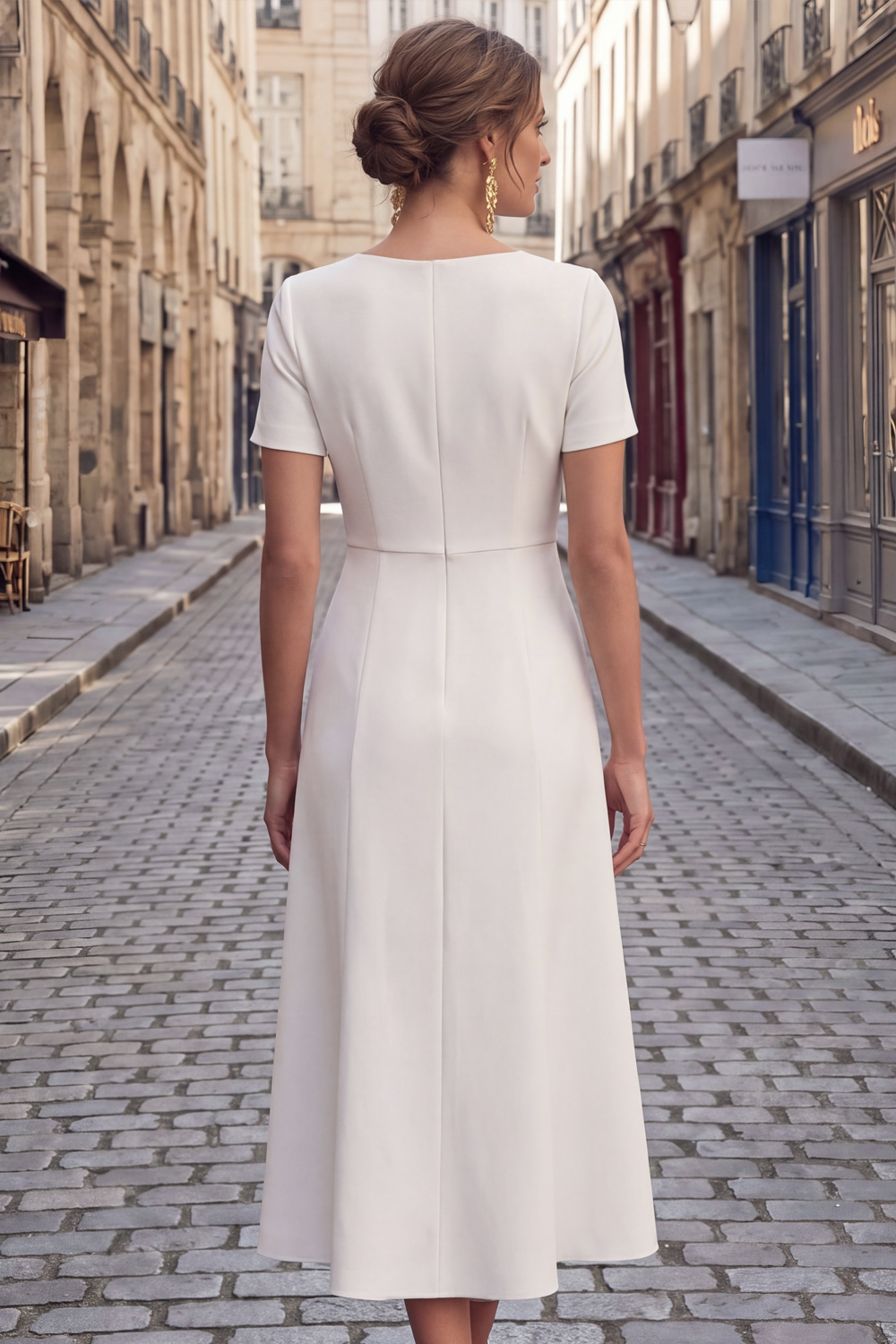 White Formal Work Dress A-Line V-Neck Short Sleeve Midi Dress 