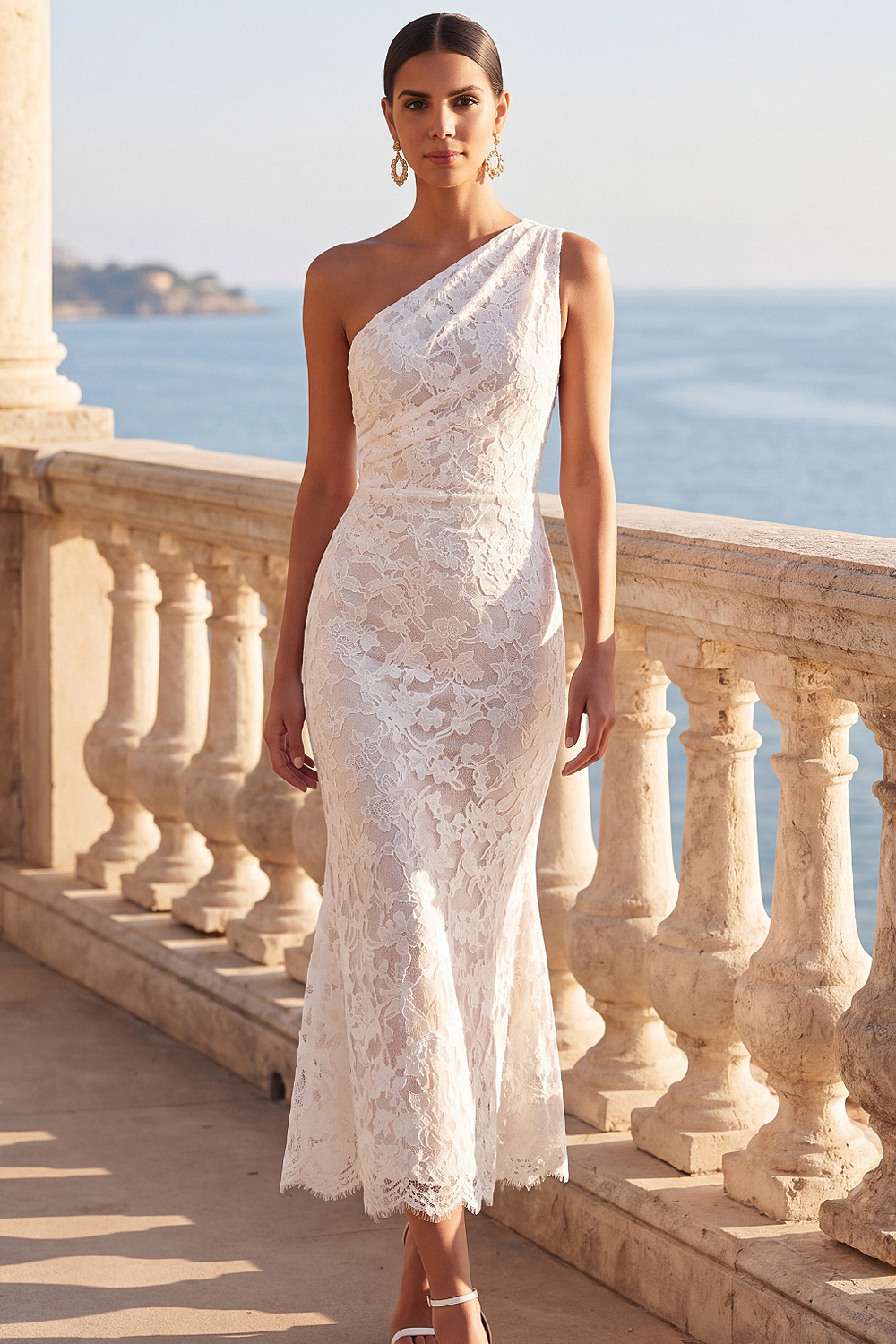 White Lace Formal Dress One Shoulder Mermaid Midi Dress