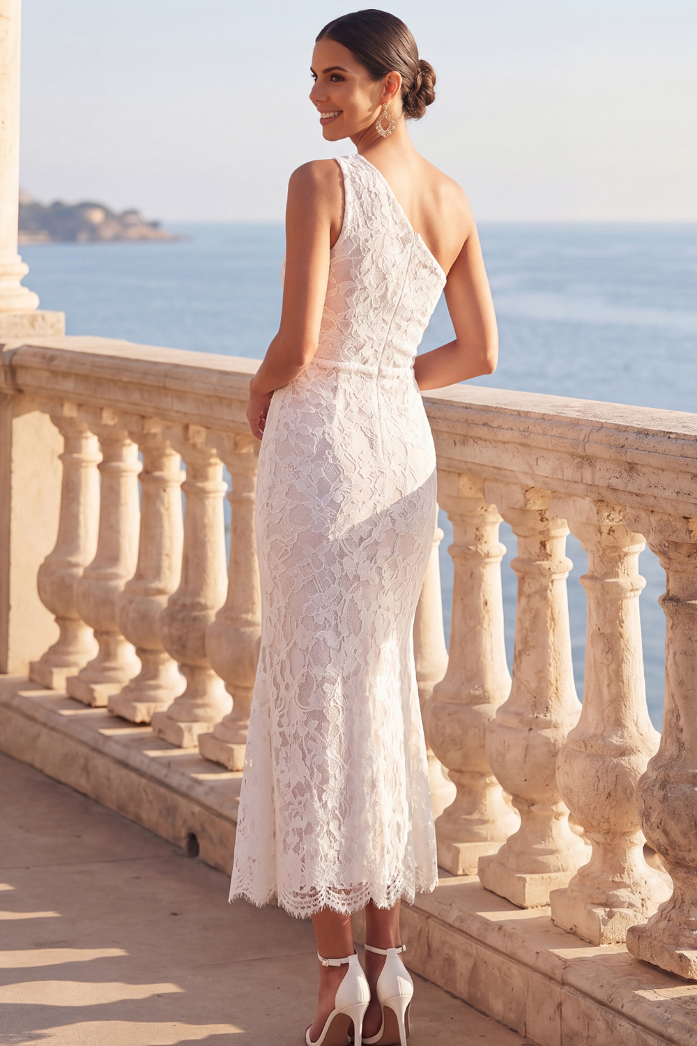 White Lace Formal Dress One Shoulder Mermaid Midi Dress