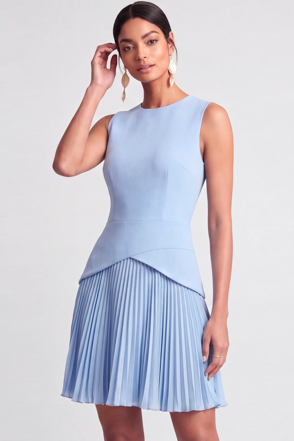 Light Blue A-Line Formal Dress Round Neck Pleated Mini Dress