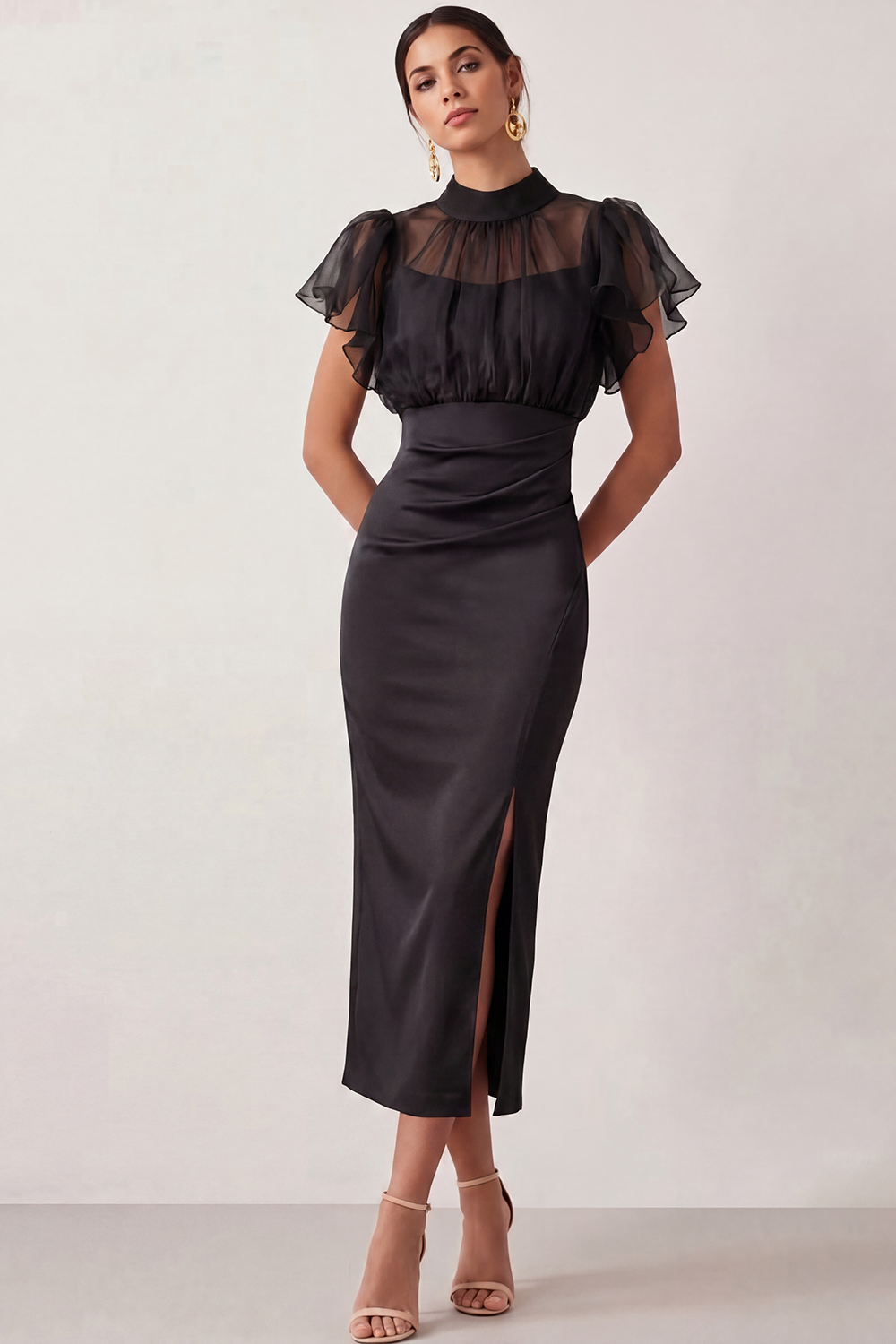 English Rose Work Dress Sheath Flutter Sleeve Midi Dress with Slit