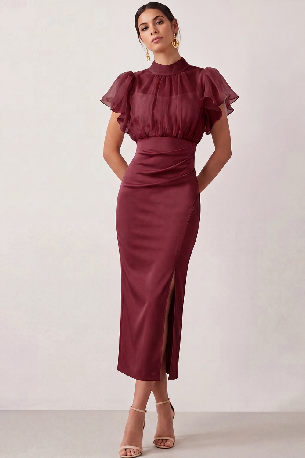 English Rose Work Dress Sheath Flutter Sleeve Midi Dress with Slit