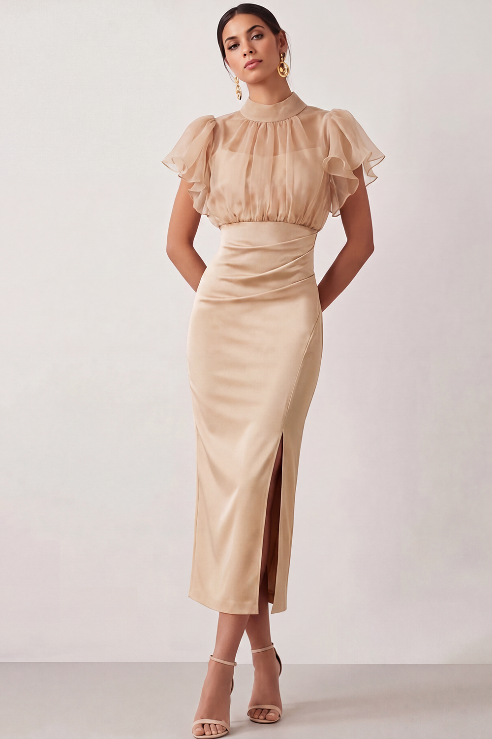 English Rose Work Dress Sheath Flutter Sleeve Midi Dress with Slit