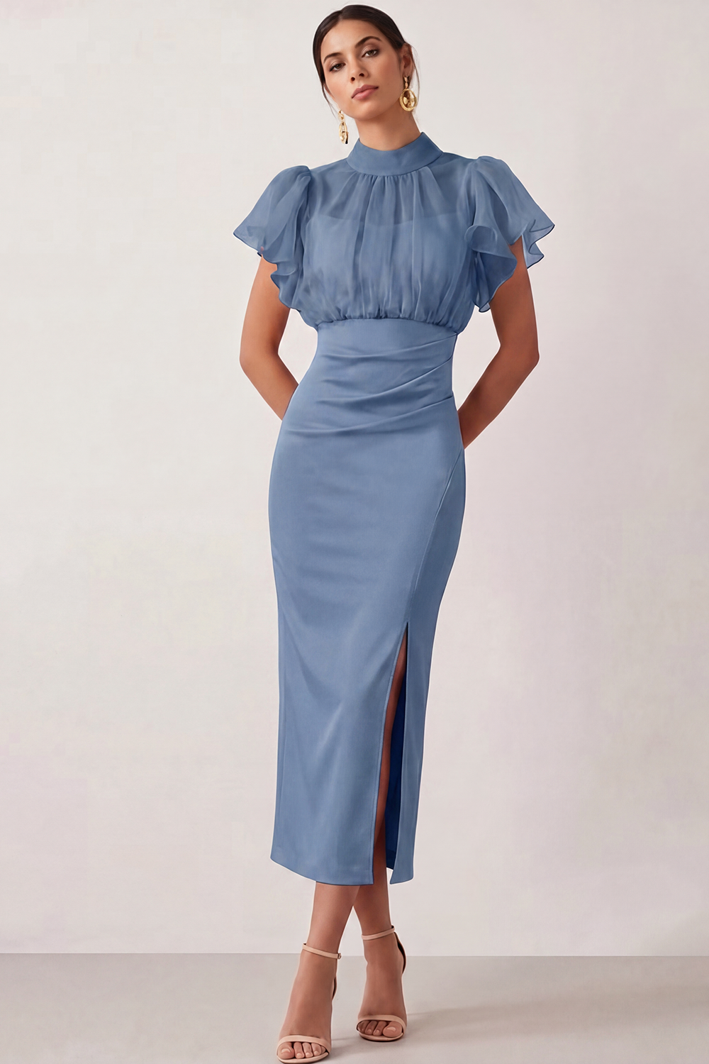 English Rose Work Dress Sheath Flutter Sleeve Midi Dress with Slit