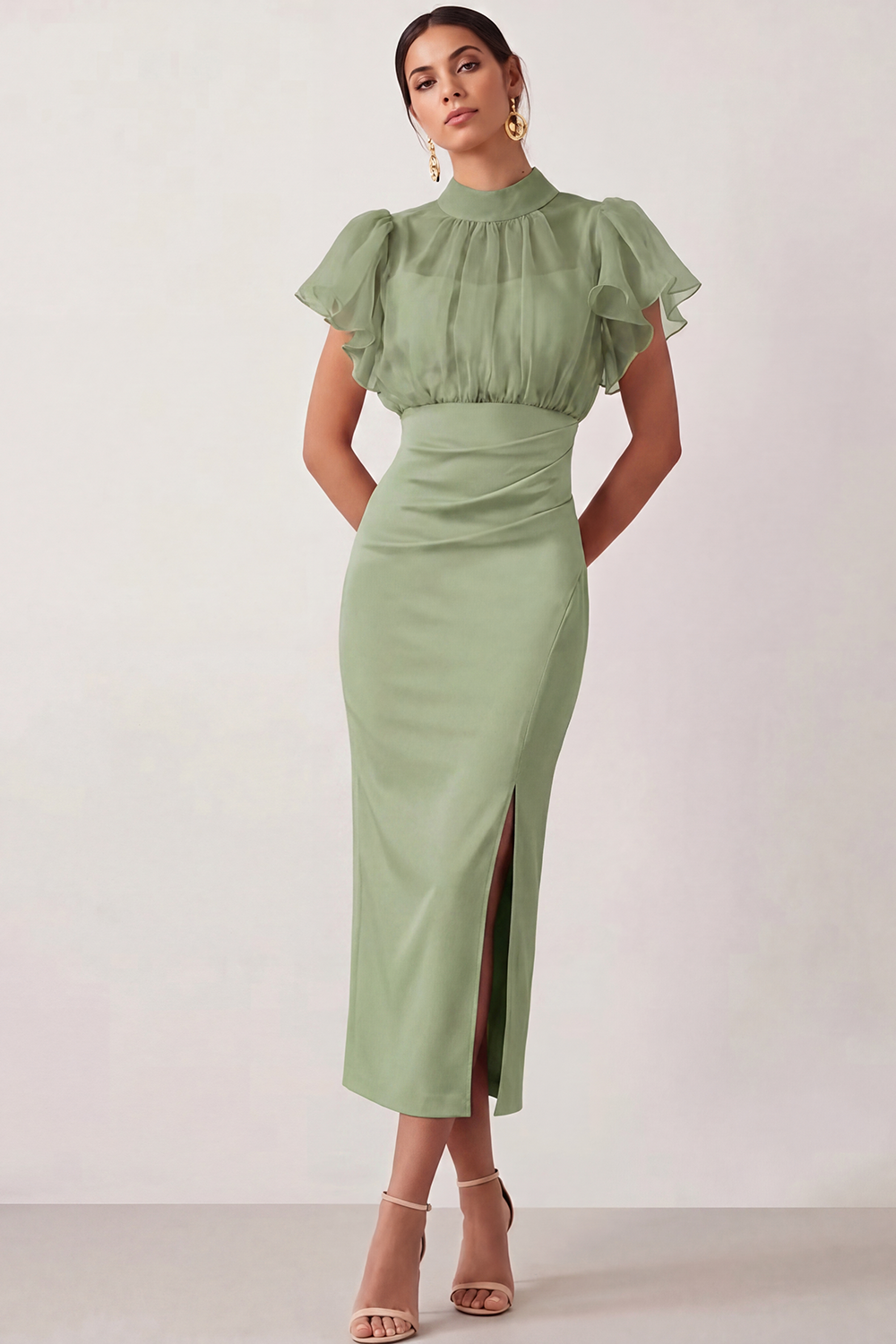 English Rose Work Dress Sheath Flutter Sleeve Midi Dress with Slit