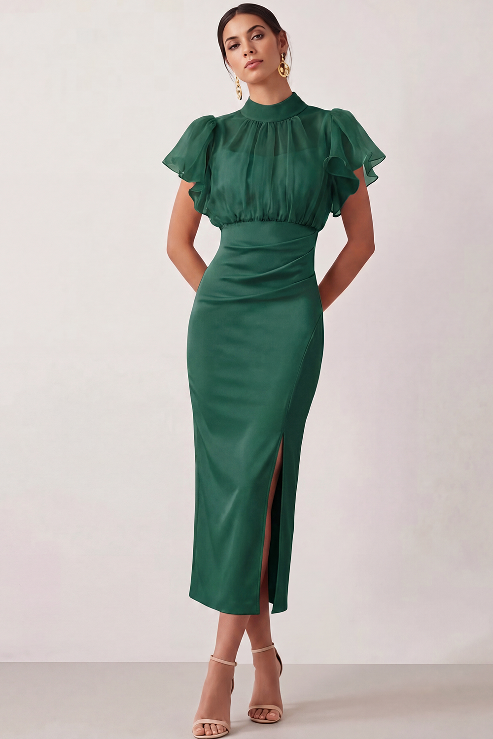 English Rose Work Dress Sheath Flutter Sleeve Midi Dress with Slit