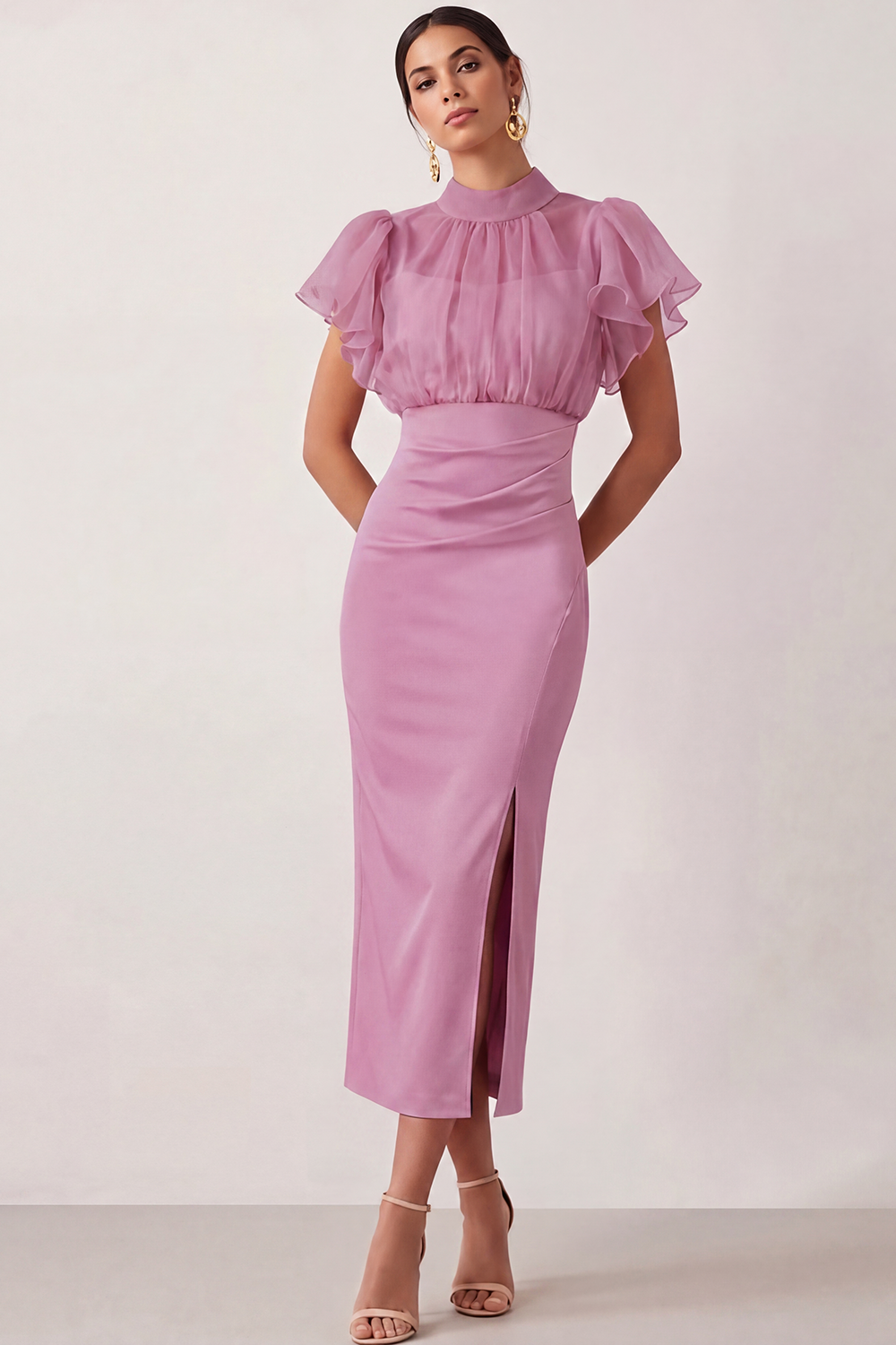 English Rose Work Dress Sheath Flutter Sleeve Midi Dress with Slit