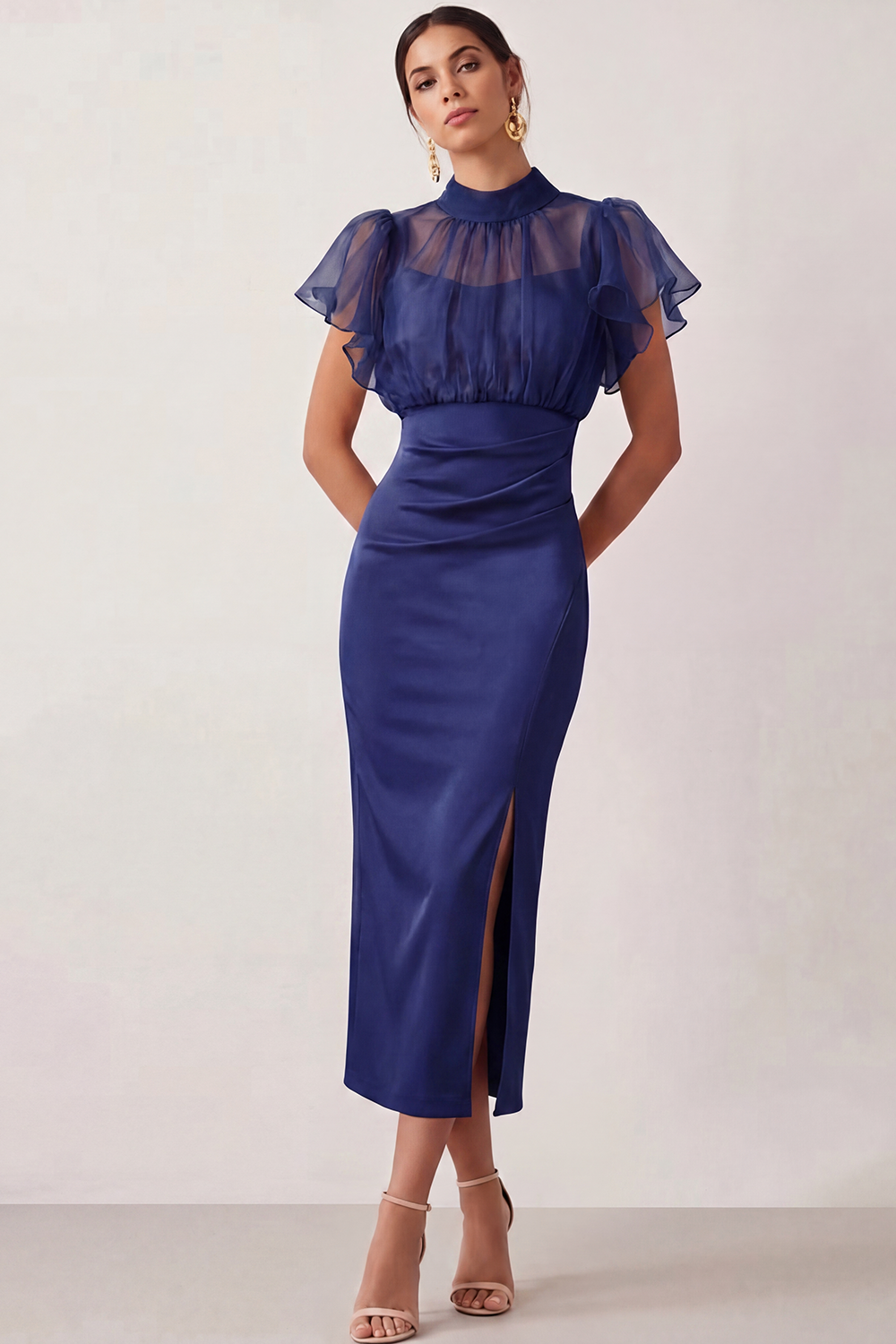 English Rose Work Dress Sheath Flutter Sleeve Midi Dress with Slit
